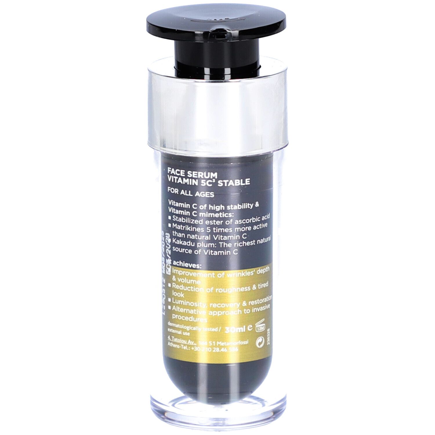 Frezyderm Face Serum Vitamin 5C Stable. Fles met productinfo en ingrediënten. Voor alle leeftijden.