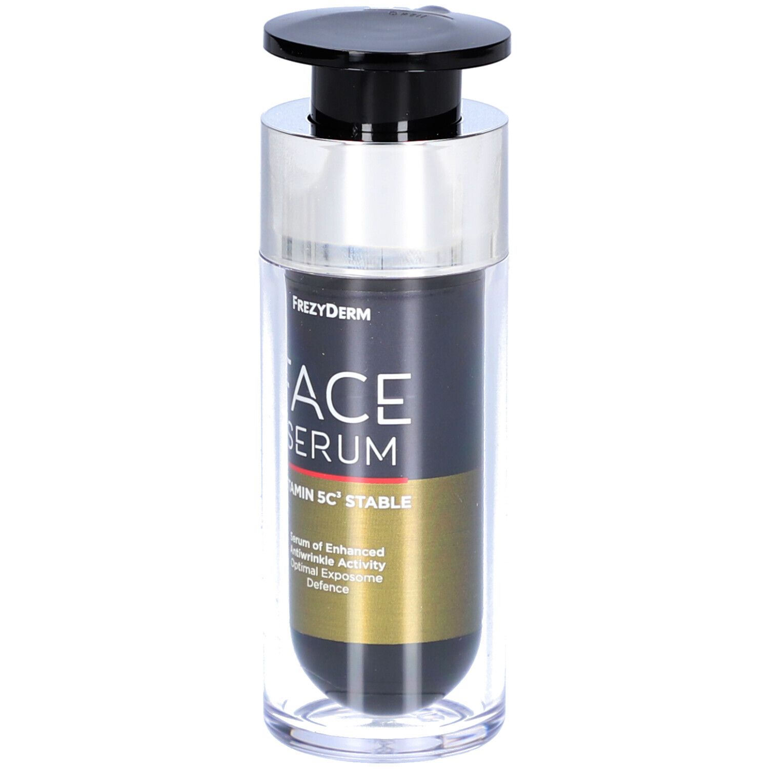 Frezyderm Face Serum Vitamin 5C Stable. Zwarte fles met pomp. Naam en ingrediënten gedrukt.