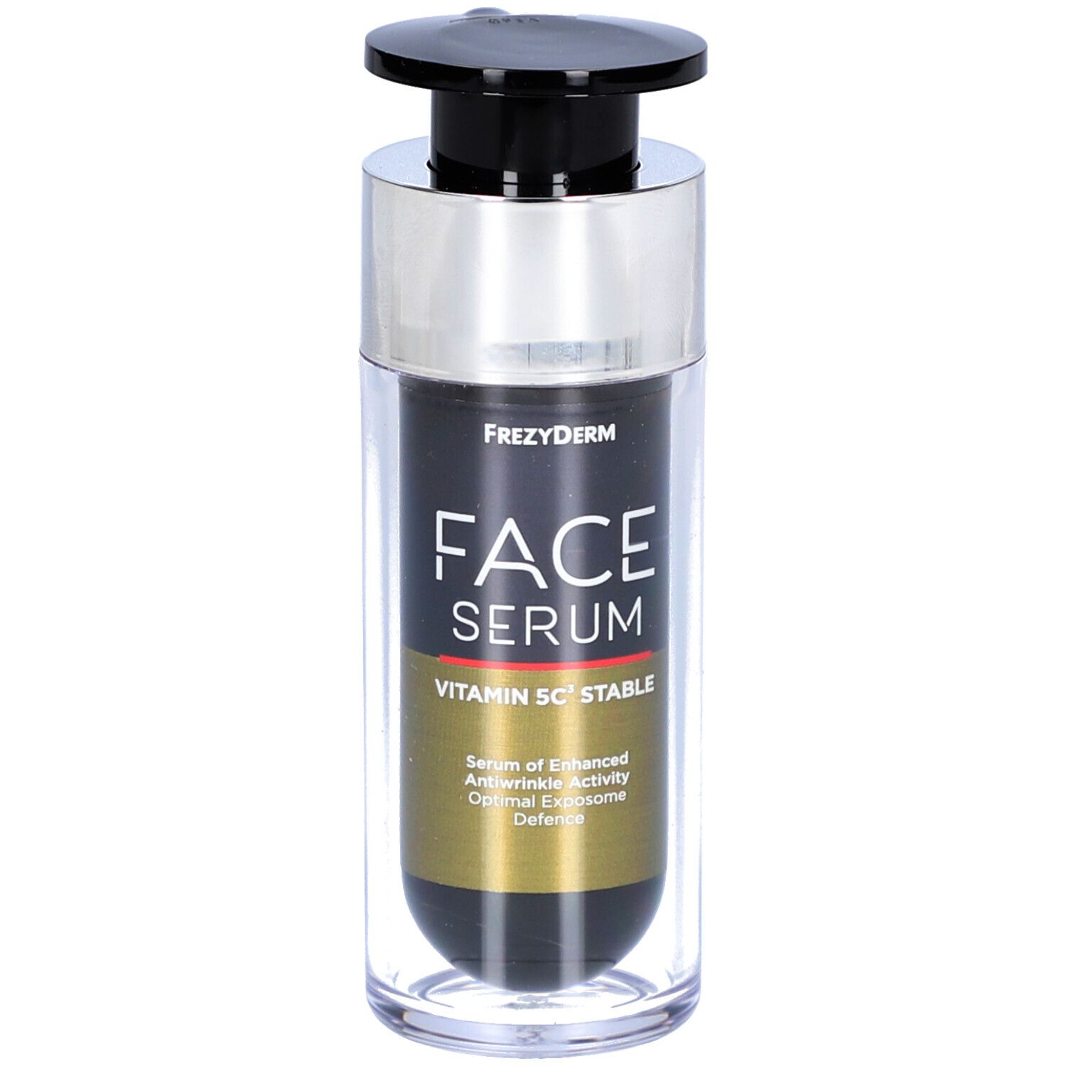 Frezyderm Face Serum Vitamin 5C Stable. Zwarte fles met pomp. Naam en ingrediënten gedrukt.