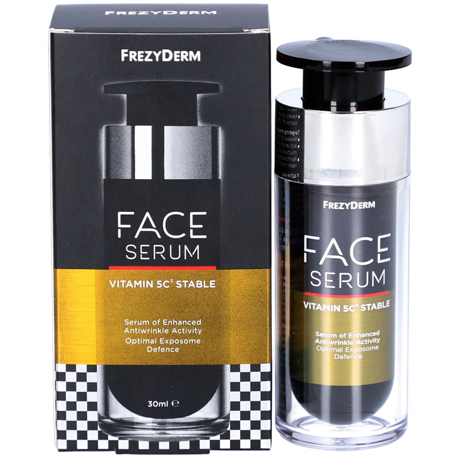 Frezyderm Face Serum Vitamin 5C Stable en verpakking. Zwarte doos met naam en ingrediënten.