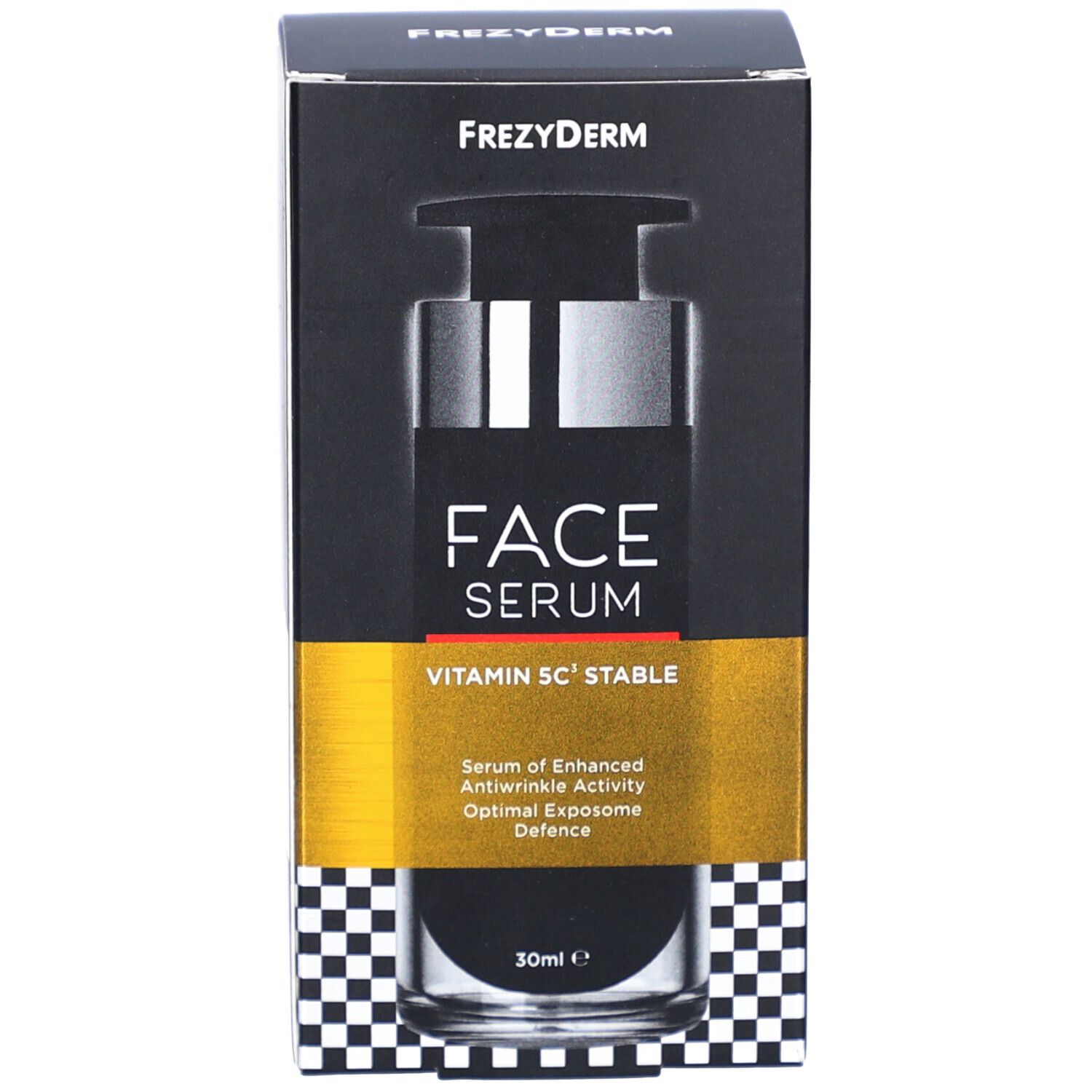 Frezyderm Face Serum Vitamin 5C Stable. Verpakking. Zwarte doos met naam en ingrediënten.