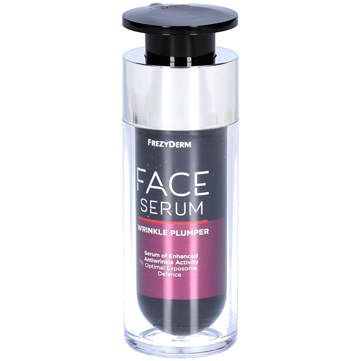 Serumfles met zwarte pomp en zilveren kraag. Opschrift: FACE SERUM WRINKLE PLUMPER. Kleurverloop van zwart naar roze.