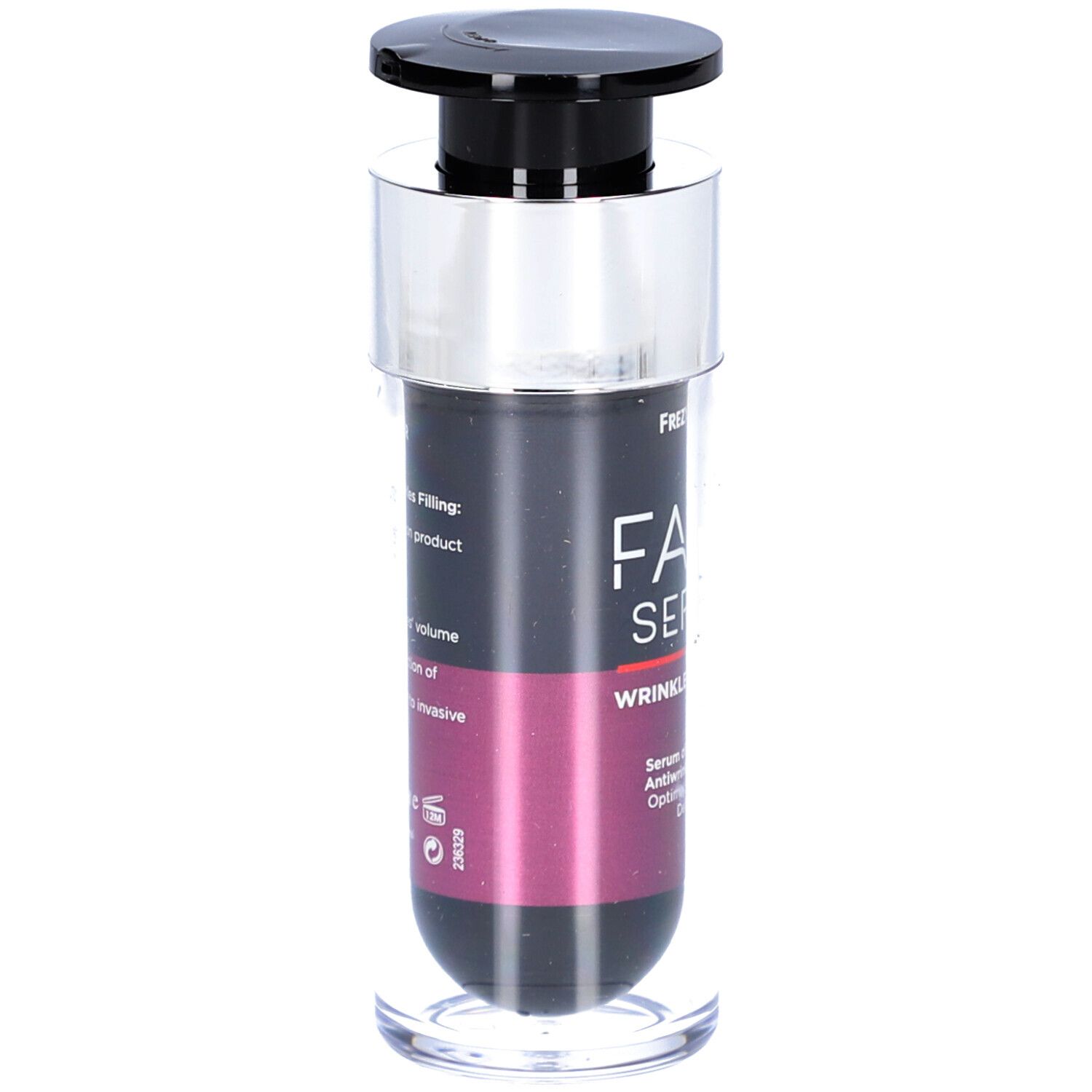 Serumfles met zwarte pomp. Opschrift: FACE SERUM WRINKLE PLUMPER. Kleurverloop van zwart naar roze. Transparante basis.