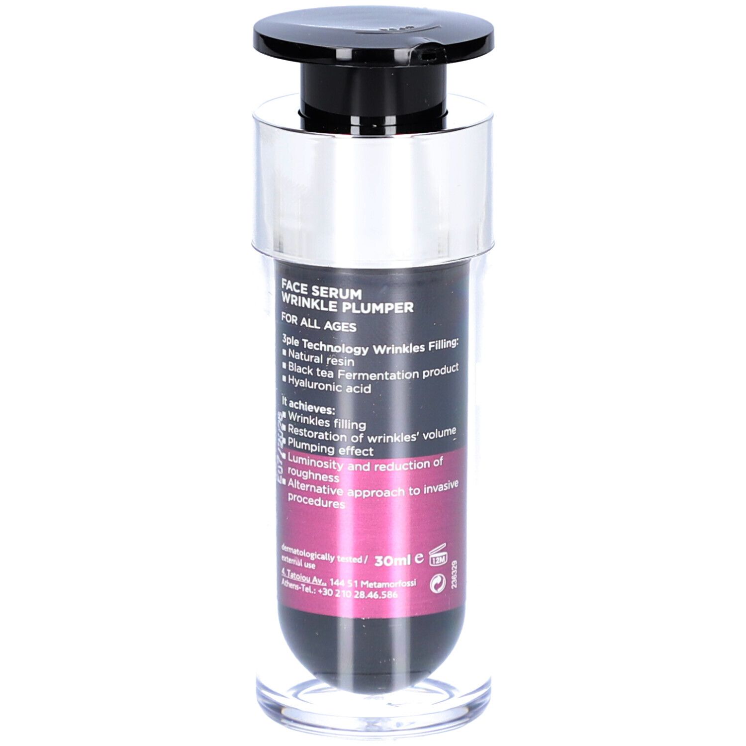Serumfles met zwarte pomp. Opschrift: FACE SERUM WRINKLE PLUMPER. Tekst op de achterkant. Transparante basis. 30ml.