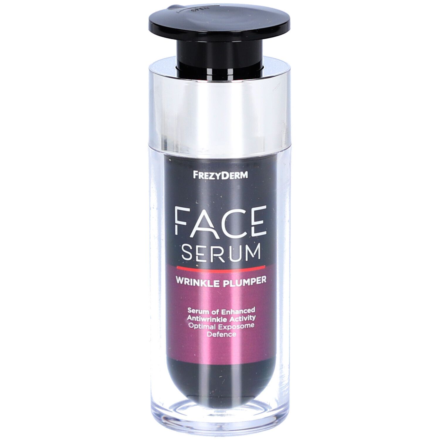 Serumfles met zwarte pomp en zilveren kraag. Opschrift: FACE SERUM WRINKLE PLUMPER. Kleurverloop van zwart naar roze.