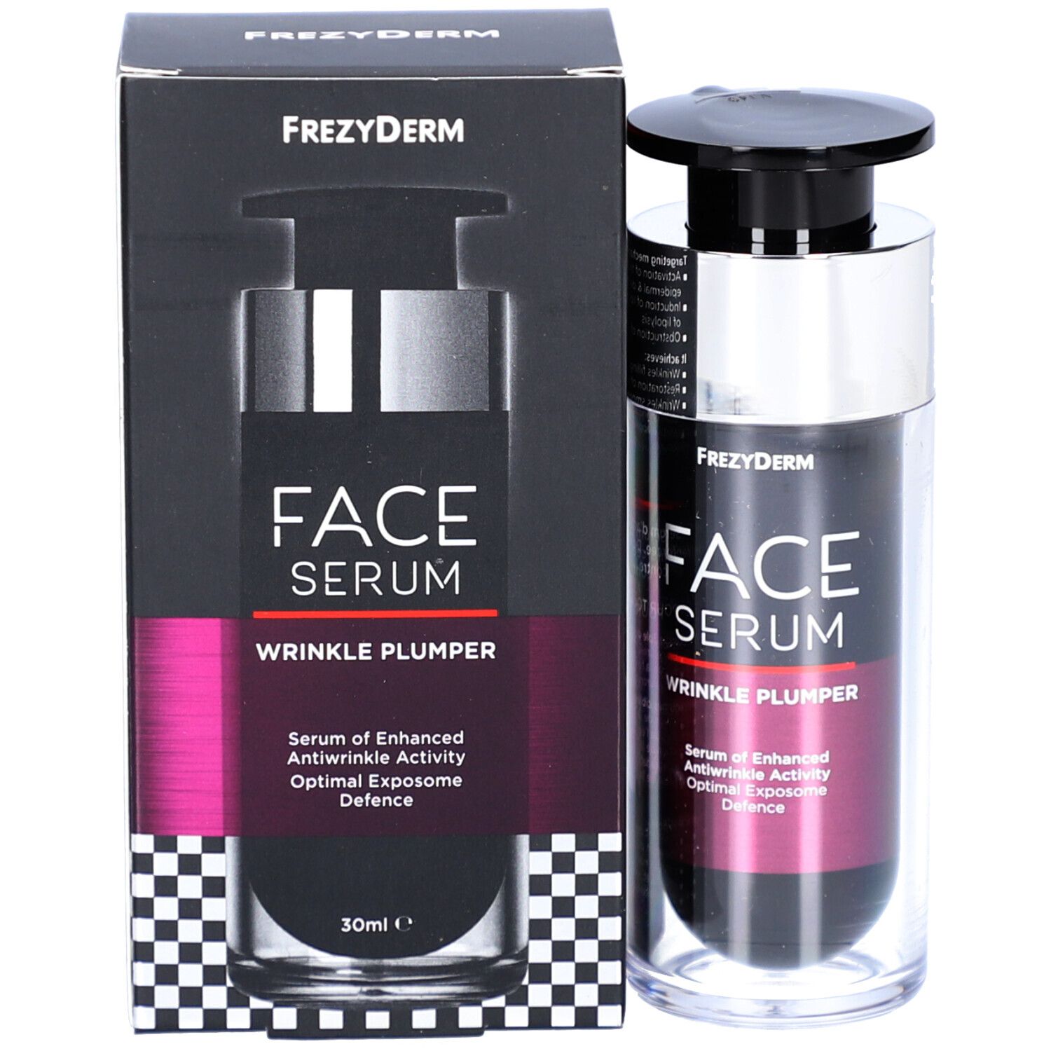 Product en verpakking. Serumfles met zwarte pomp en doos. Opschrift: FACE SERUM WRINKLE PLUMPER. 30ml.