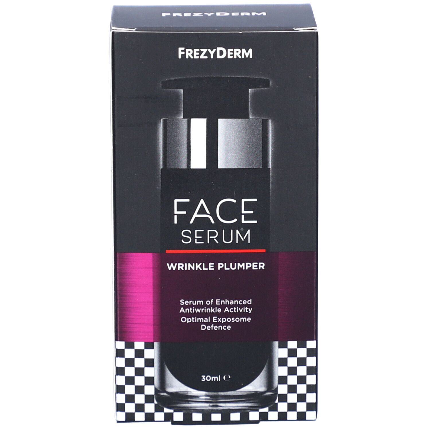 Product en verpakking. Doos met opschrift: FACE SERUM WRINKLE PLUMPER. 30ml. Dambordpatroon.
