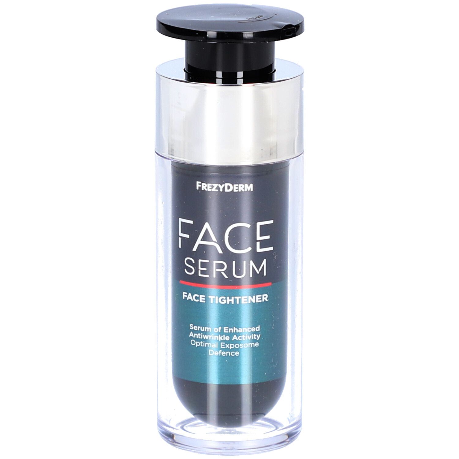Serumfles met zwarte dop en zilveren kraag. Opschrift: FACE SERUM FACE TIGHTENER. Merk: Frezyderm.
