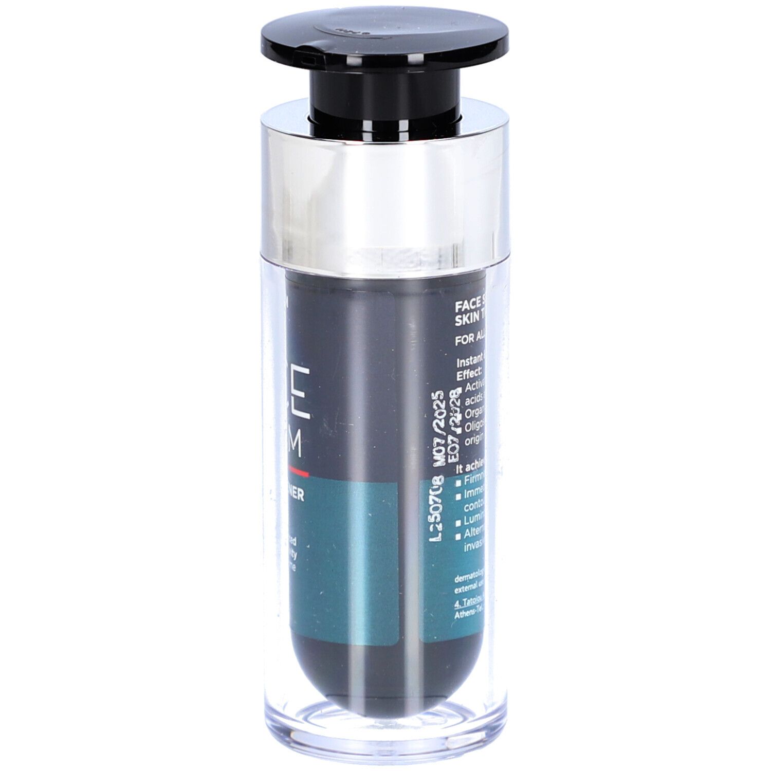 Serumfles met zwarte dop en zilveren kraag. Opschrift: FACE SERUM. Houdbaarheidsdatum: 07/2025.