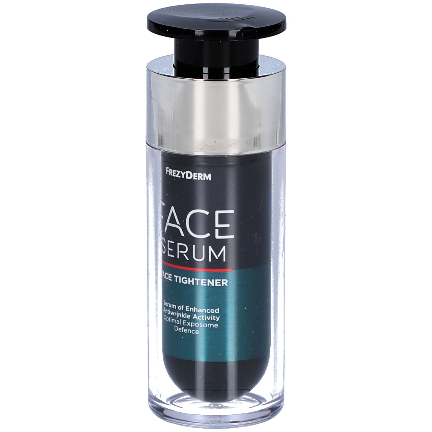 Serumfles met zwarte dop en zilveren kraag. Opschrift: FACE SERUM FACE TIGHTENER. Merk: Frezyderm.