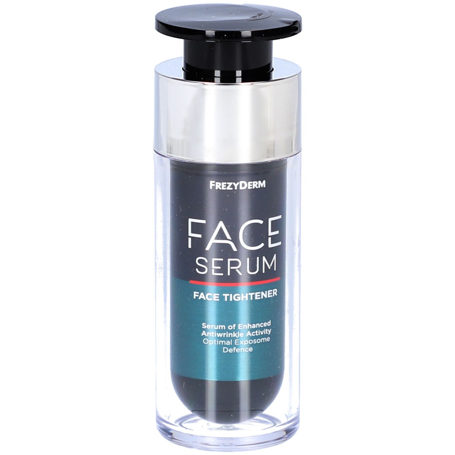 Serumfles met zwarte dop en zilveren kraag. Opschrift: FACE SERUM FACE TIGHTENER. Merk: Frezyderm.