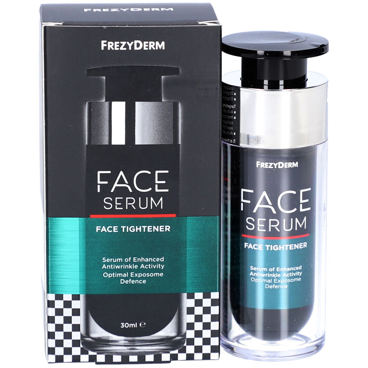 Productverpakking en serumfles. Opschrift: Frezyderm, FACE SERUM FACE TIGHTENER. 30ml. Zwart-wit dambordpatroon.
