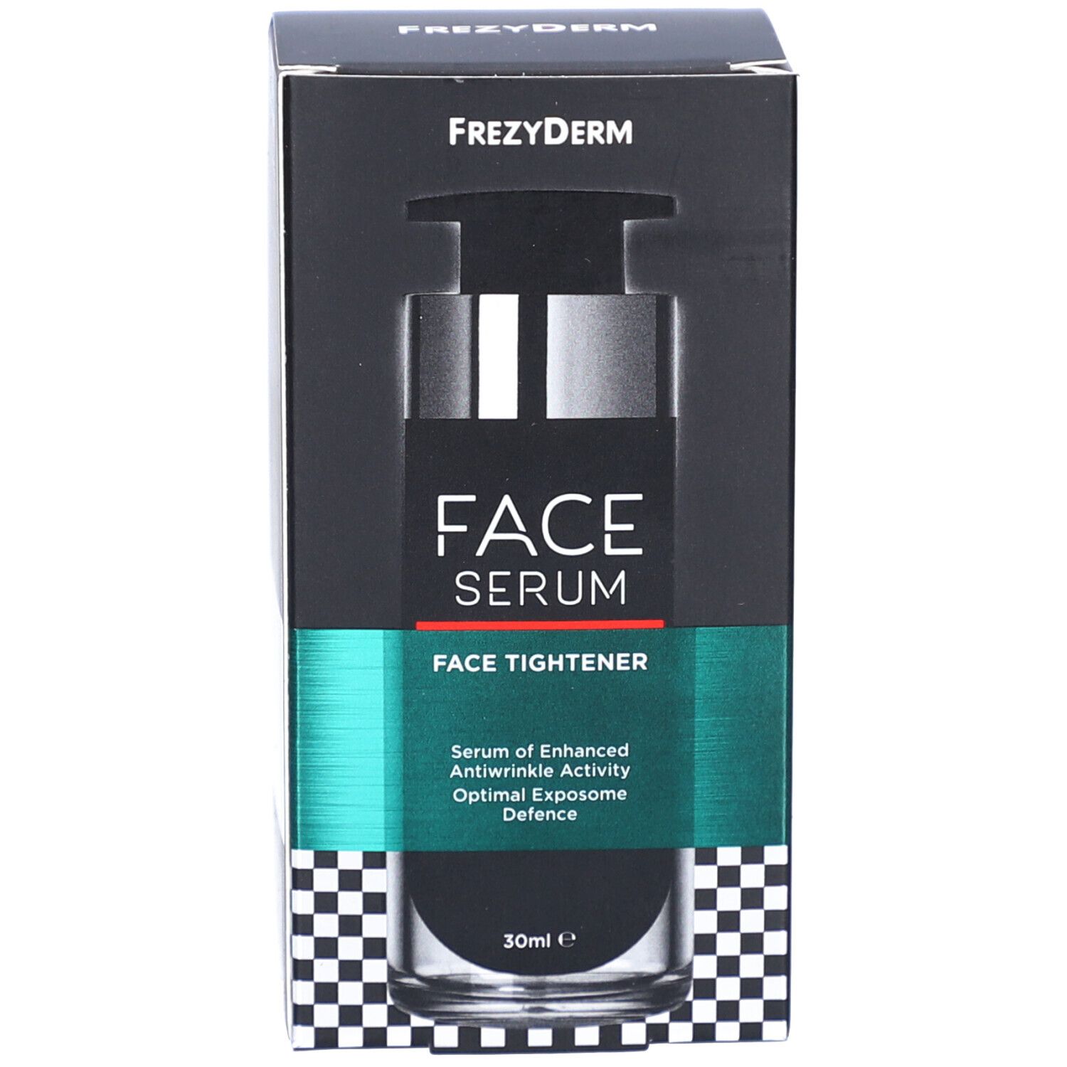 Productverpakking. Opschrift: Frezyderm, FACE SERUM FACE TIGHTENER. 30ml. Zwart-wit dambordpatroon.