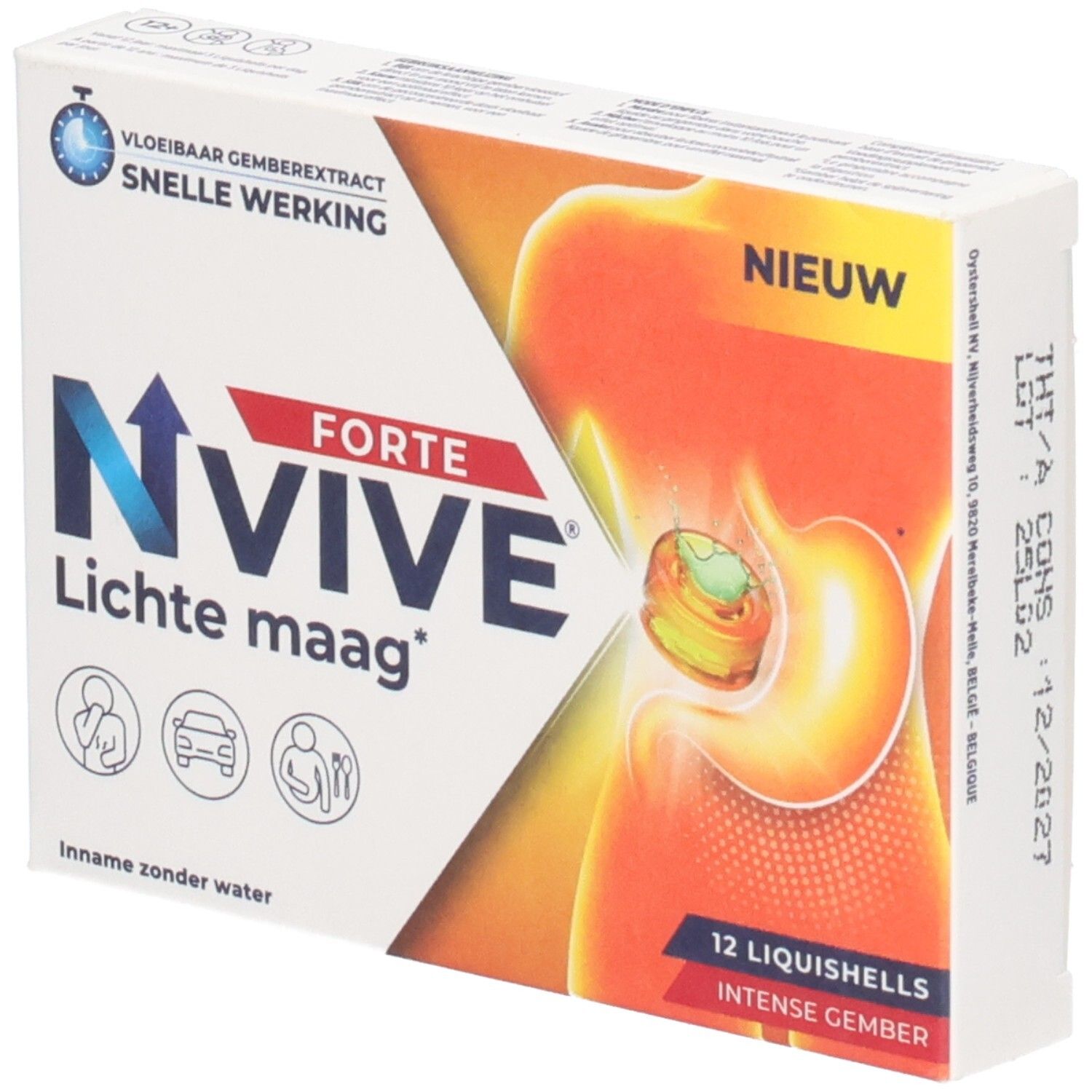 Verpakking van NVive Forte, 12 Liquishells. Bevat gember. Opschrift: Lichte maag. Snelle werking.