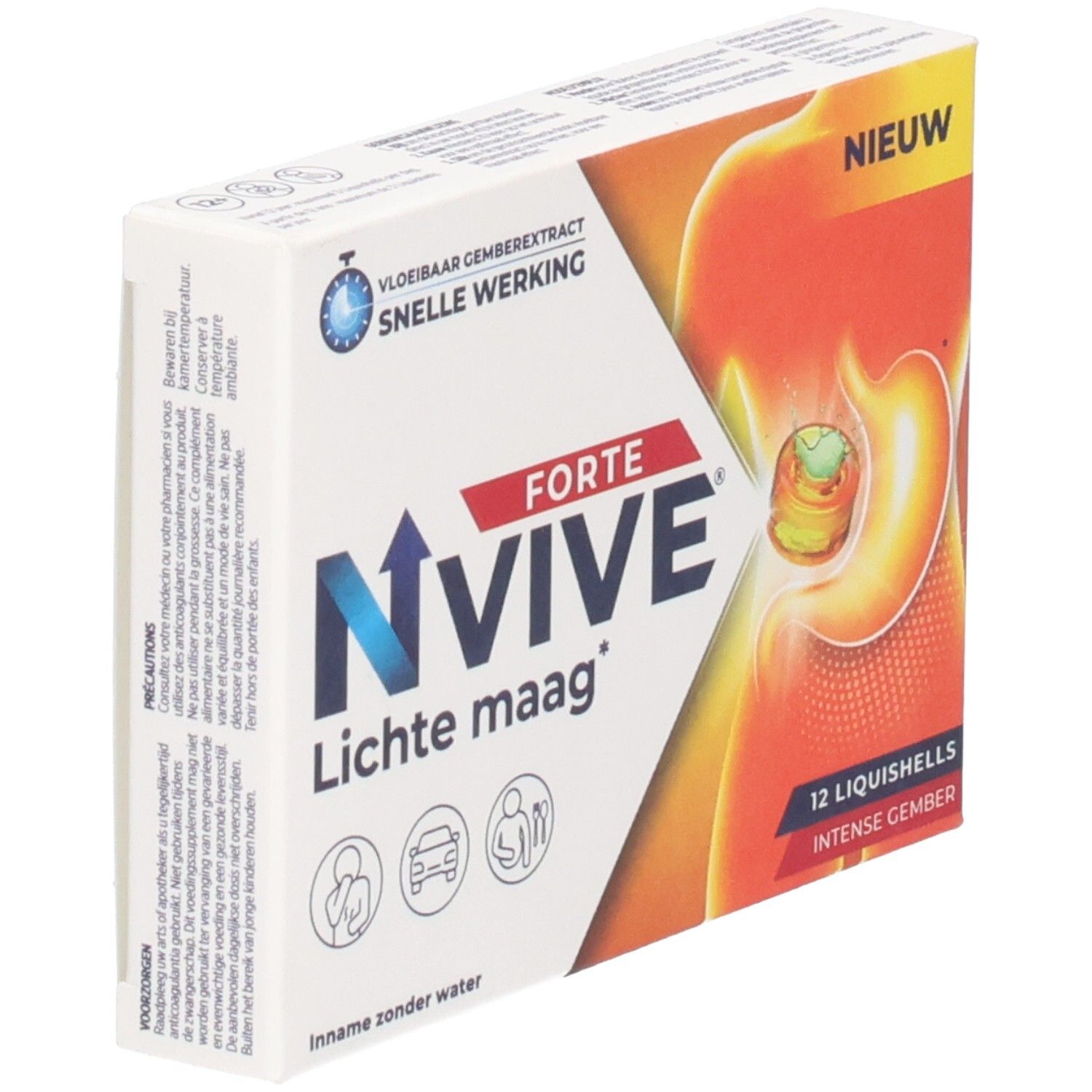 NVive Forte-verpakking, 12 Liquishells. Bevat gember. Opschrift: Lichte maag. Hoekweergave.