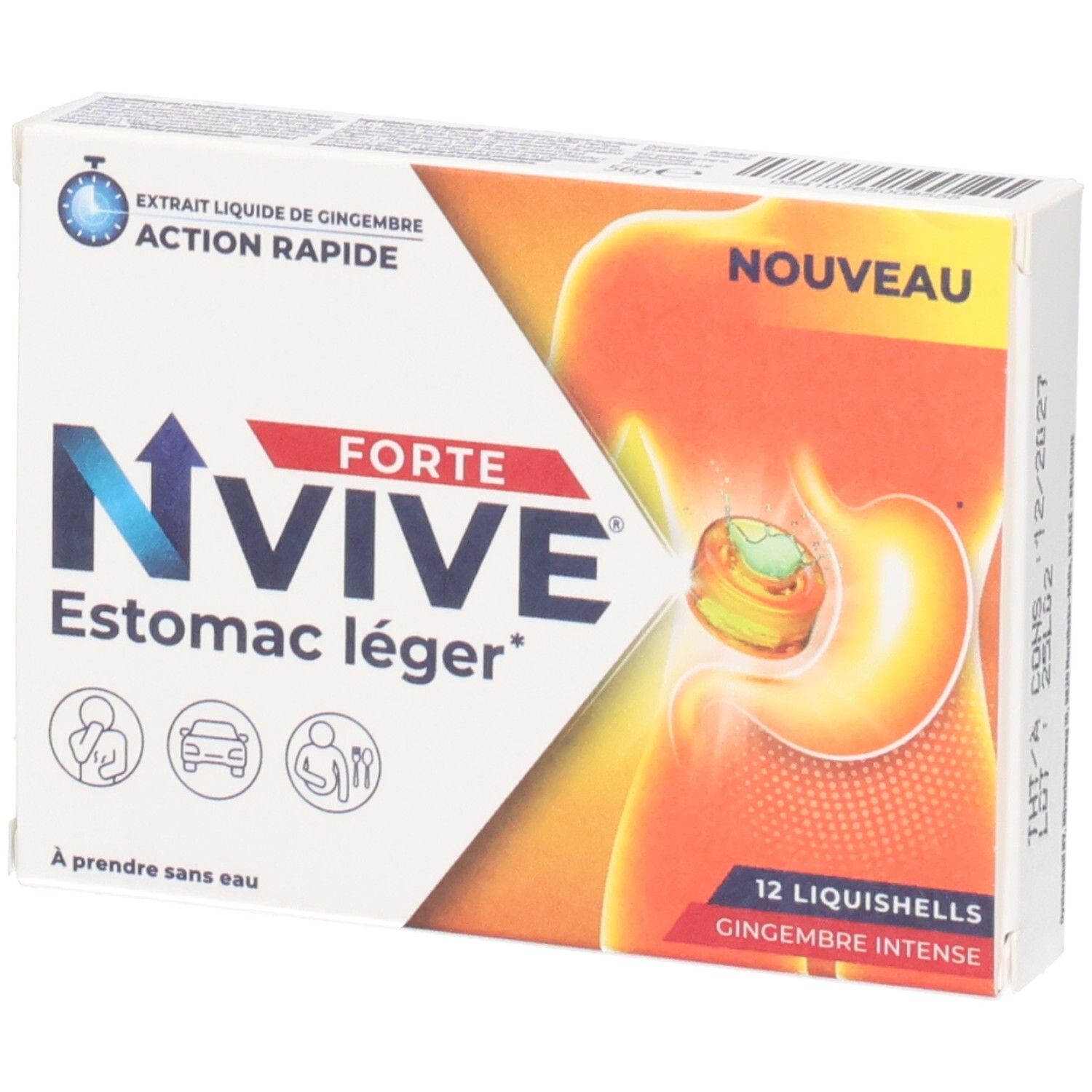 Verpakking van NVive Forte, 12 Liquishells. Bevat gember. Opschrift: Estomac léger. Action rapide.