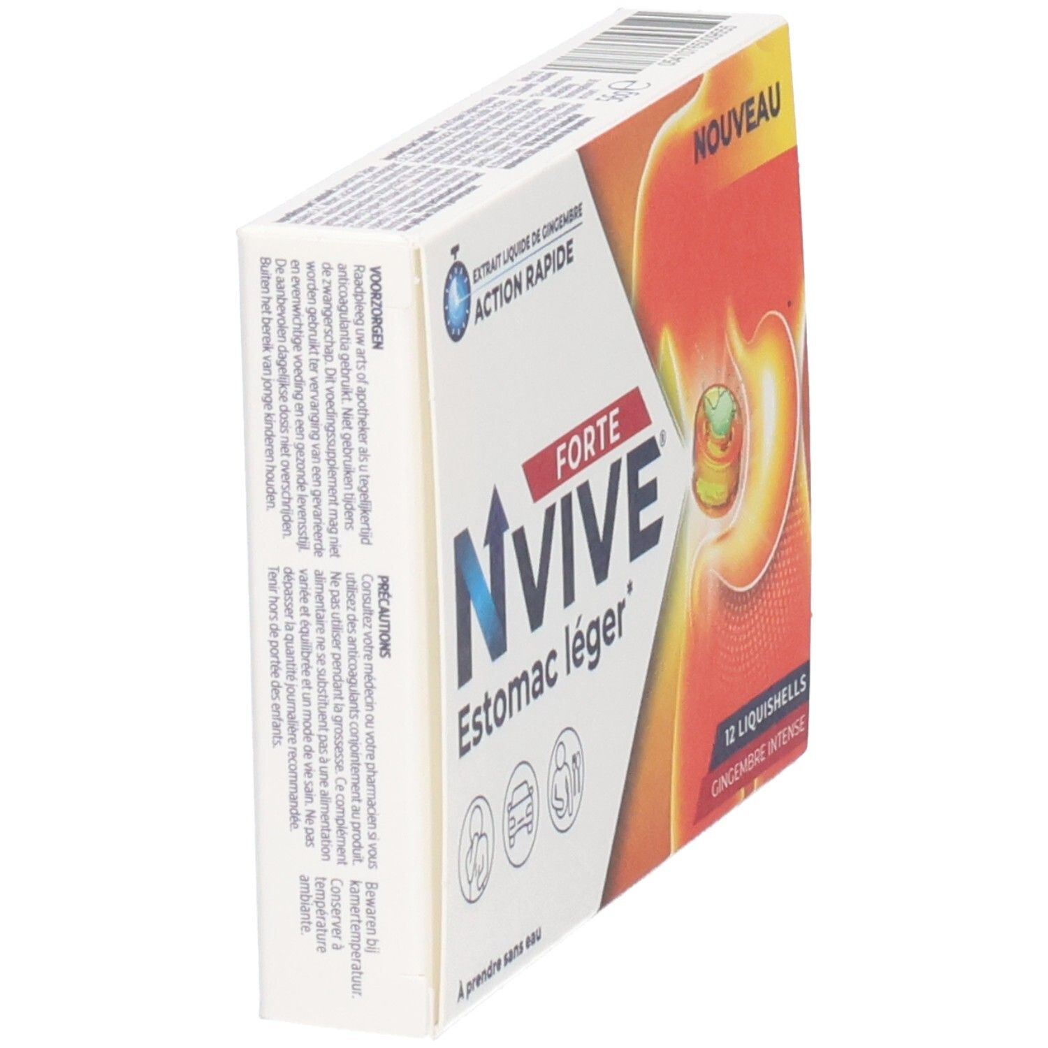 NVive Forte-verpakking, 12 Liquishells. Bevat gember. Opschrift: Estomac léger. Hoekweergave.