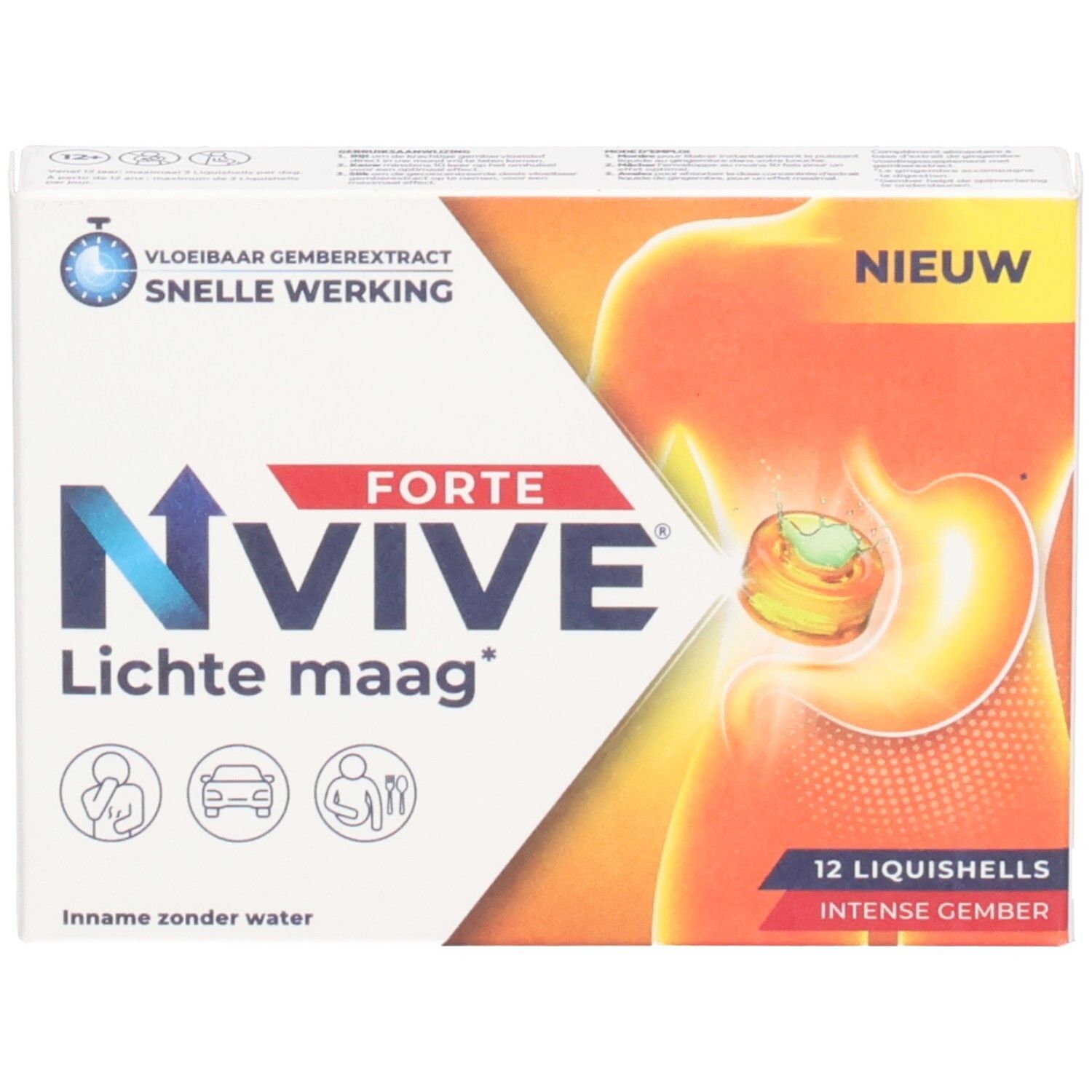 Verpakking van NVive Forte, 12 Liquishells. Bevat gember. Opschrift: Lichte maag. Snelle werking.