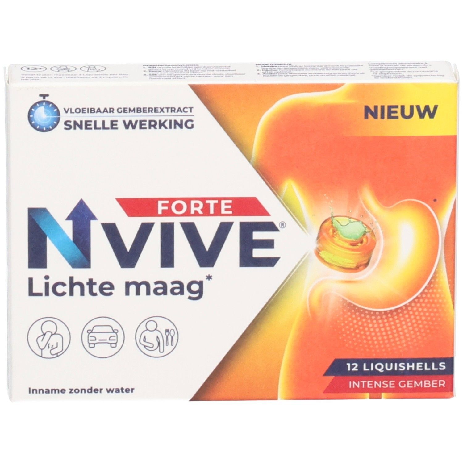Verpakking van NVive Forte, 12 Liquishells. Bevat gember. Opschrift: Lichte maag. Snelle werking.