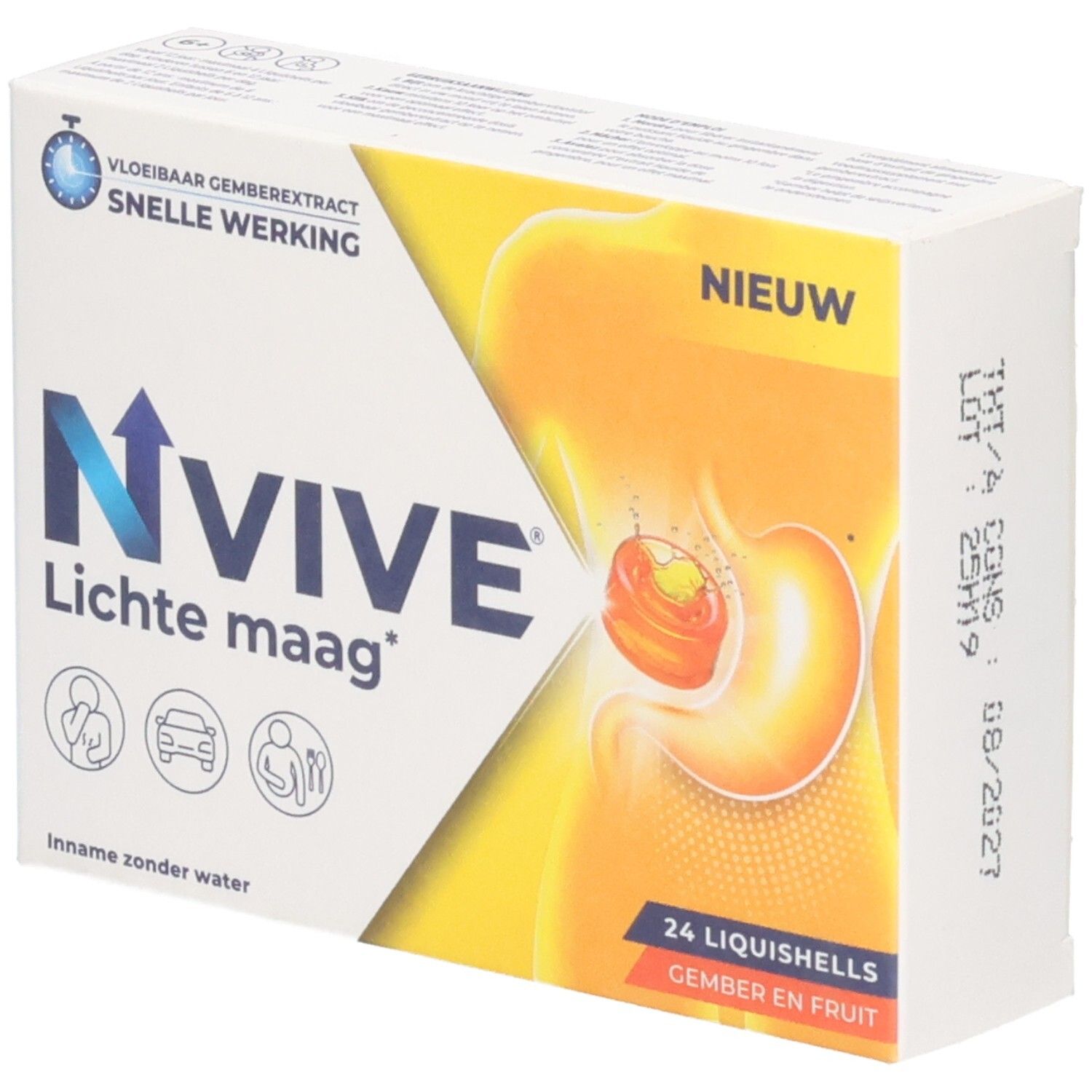 Boîte NVive Lichte maag*. Contient 24 Liquishells. Inscription: Vloeibaar gemberextract, snelle werking. Avec illustration.
