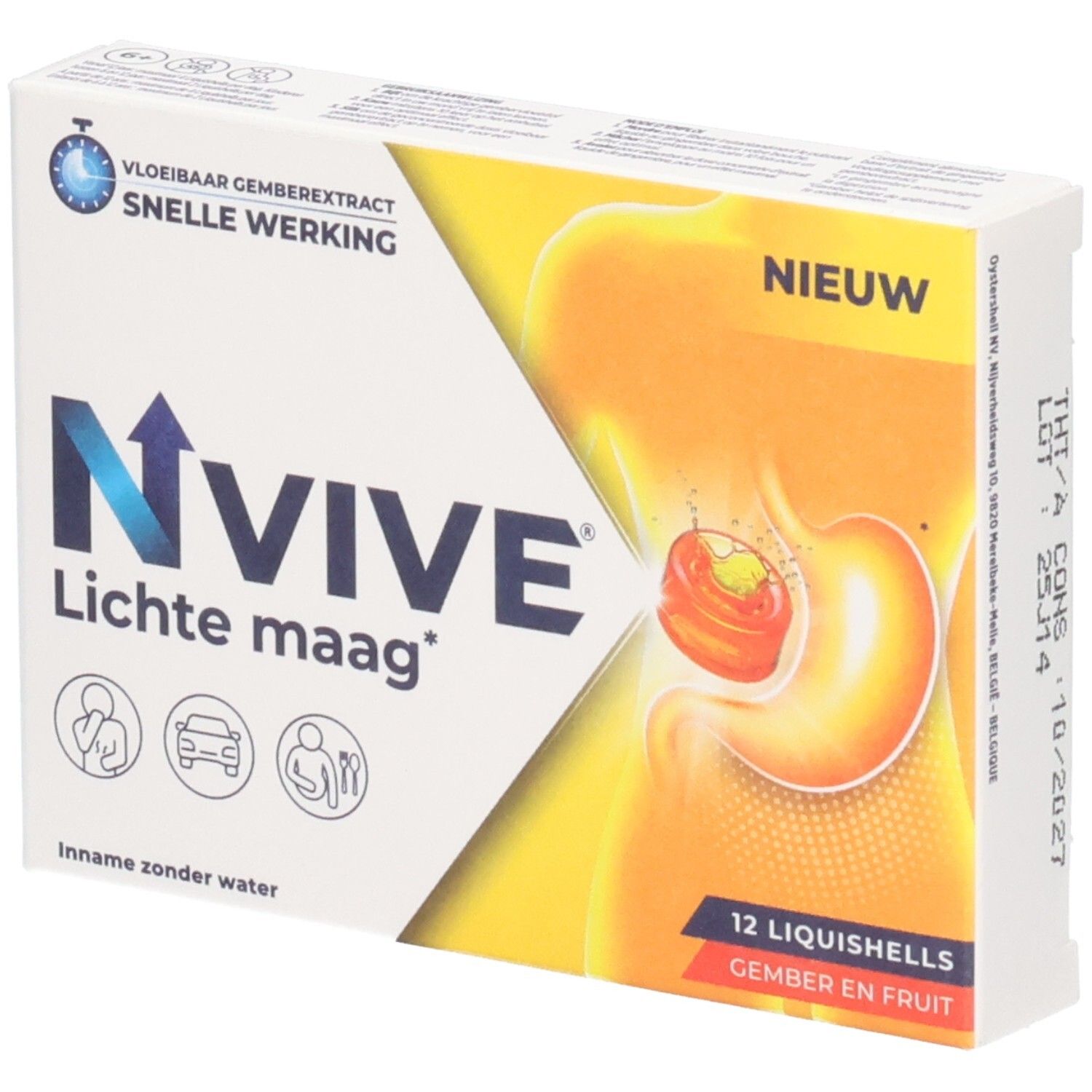 Boîte de NVive Lichte maag. Contient 12 Liquishells. Inscription: Vloeibaar gemberextract, snelle werking. Illustration de l'estomac.