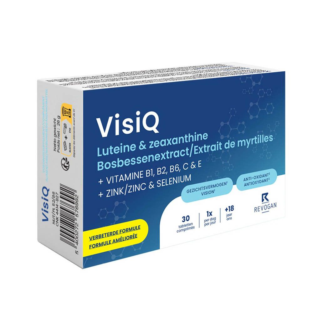 VisiQ-verpakking. Bevat luteïne, zeaxanthine, vitaminen en mineralen. 30 tabletten. Blauwe en witte doos.