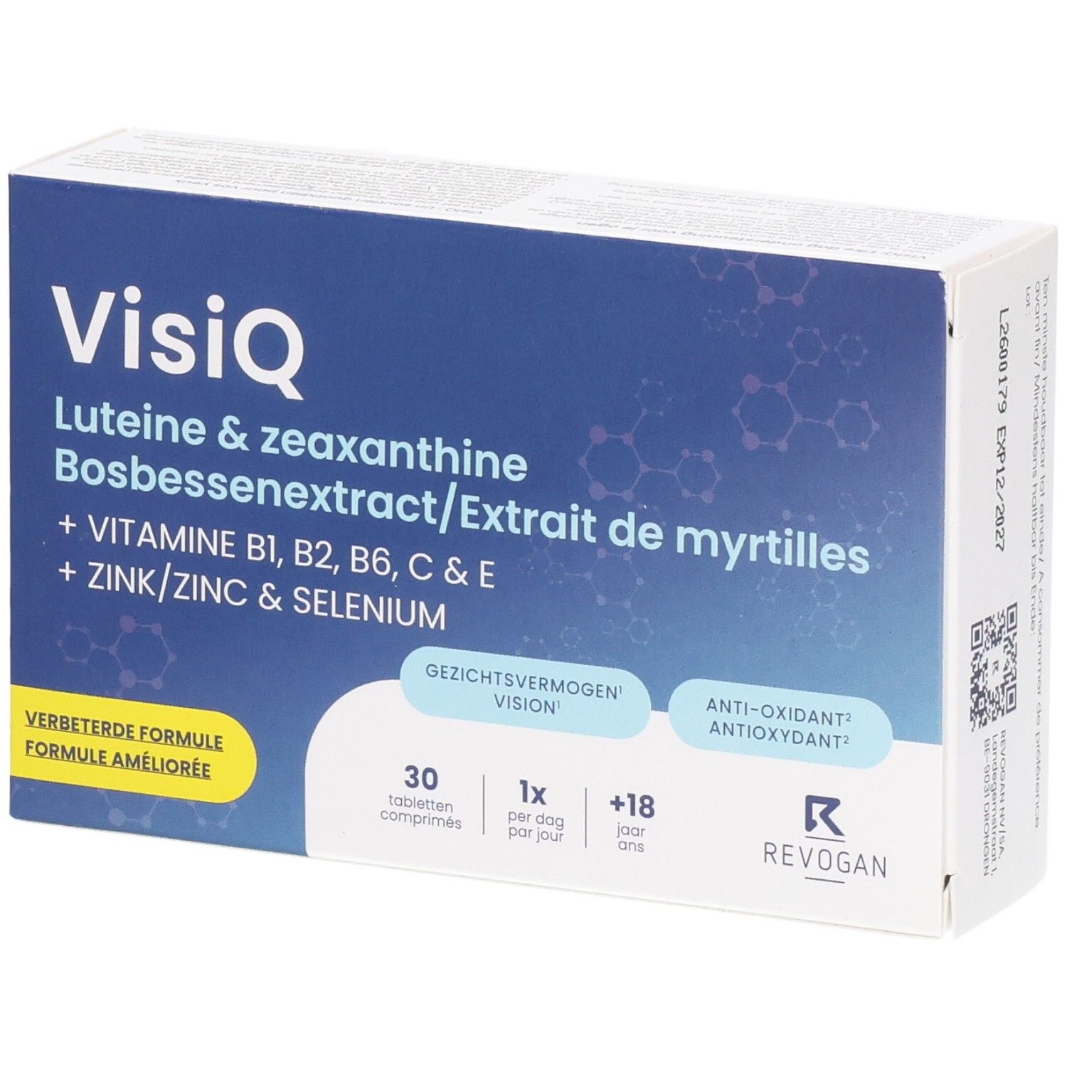Doosje VisiQ tabletten. Bevat luteïne, zeaxanthine, bosbessenextract, vitaminen en mineralen. 30 tabletten, blauwe en witte verpakking.