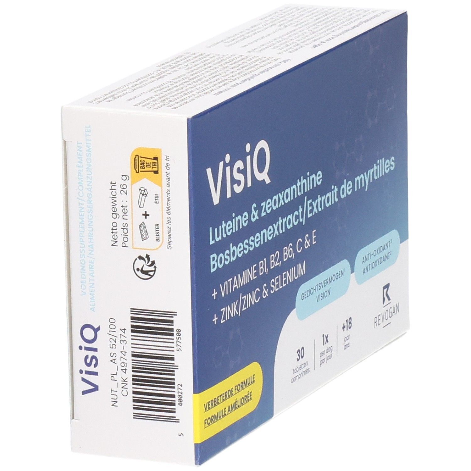 Doosje VisiQ tabletten, schuin. Bevat luteïne, zeaxanthine, bosbessenextract, vitaminen en mineralen. 30 tabletten, blauwe en witte verpakking.