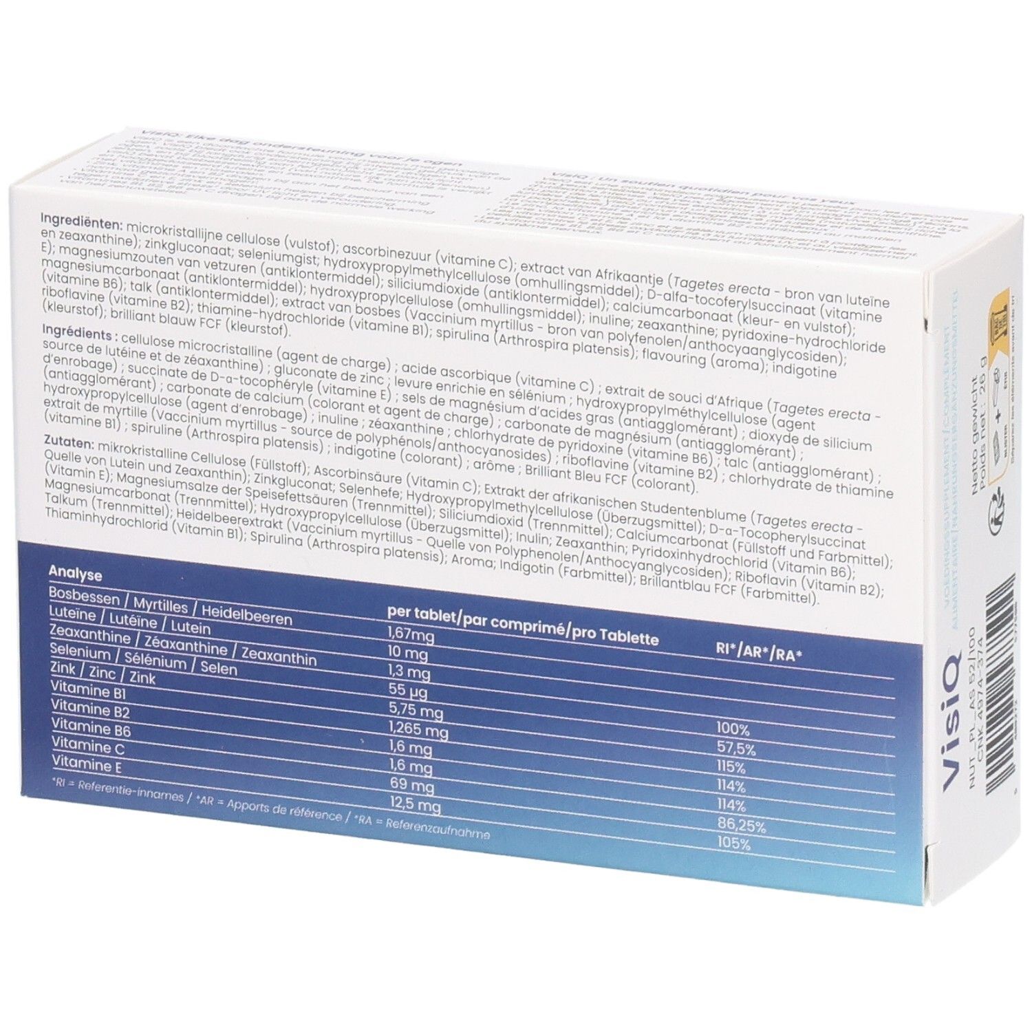 Achterkant van de VisiQ tabletten doos. Bevat ingrediënten en analyse. Blauwe en witte verpakking.