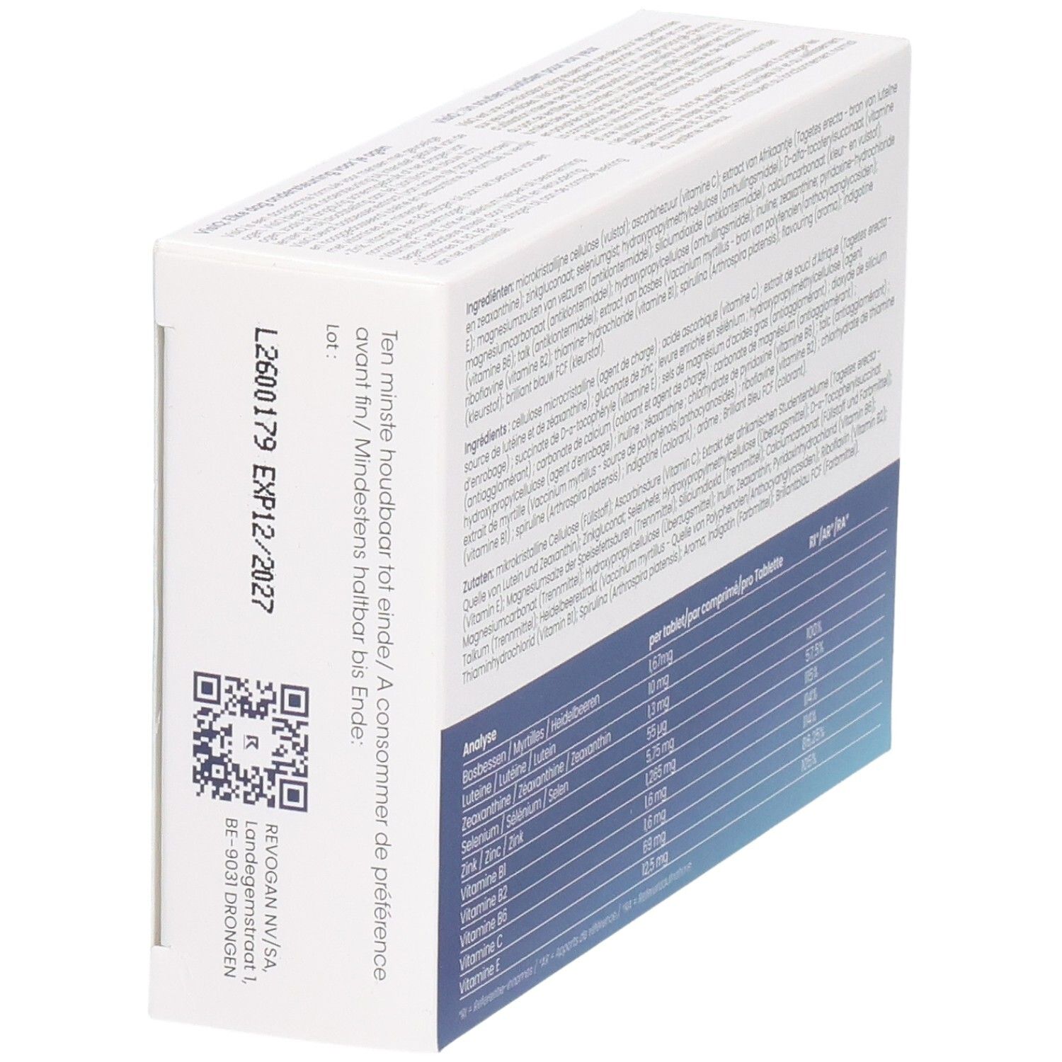 Achterkant van de VisiQ tabletten doos, schuin. Bevat ingrediënten en analyse. Blauwe en witte verpakking.