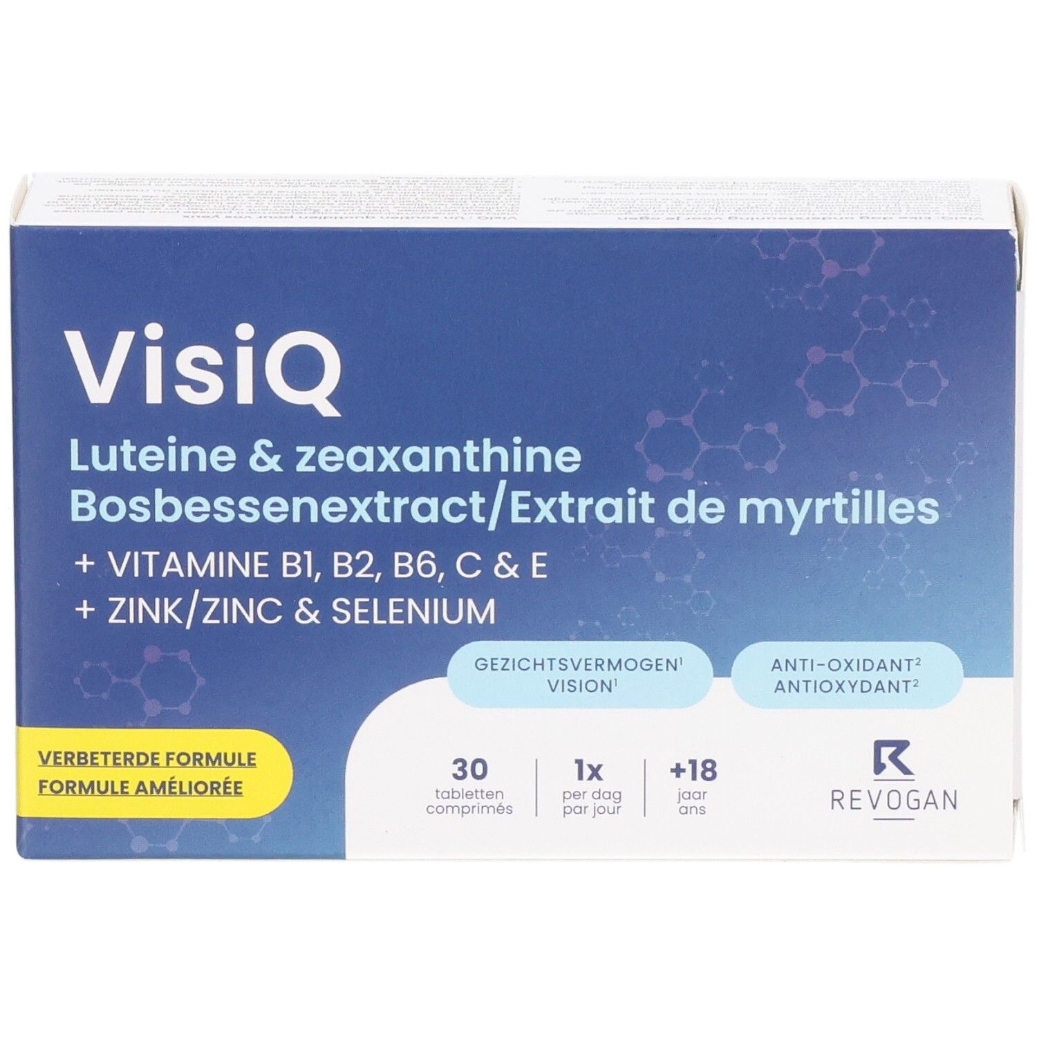 VisiQ tabletten doosje. Bevat luteïne, zeaxanthine, bosbessenextract, vitaminen en mineralen. 30 tabletten, blauwe en witte verpakking.