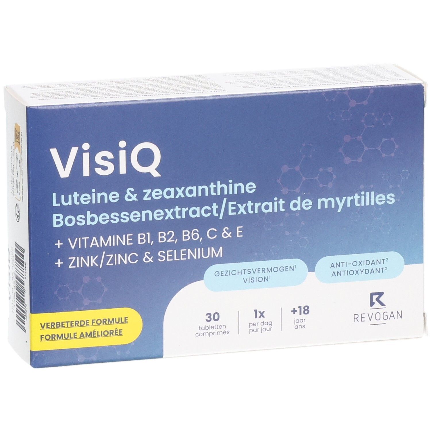 VisiQ tabletten doosje. Bevat luteïne, zeaxanthine, bosbessenextract, vitaminen en mineralen. 30 tabletten, blauwe en witte verpakking.