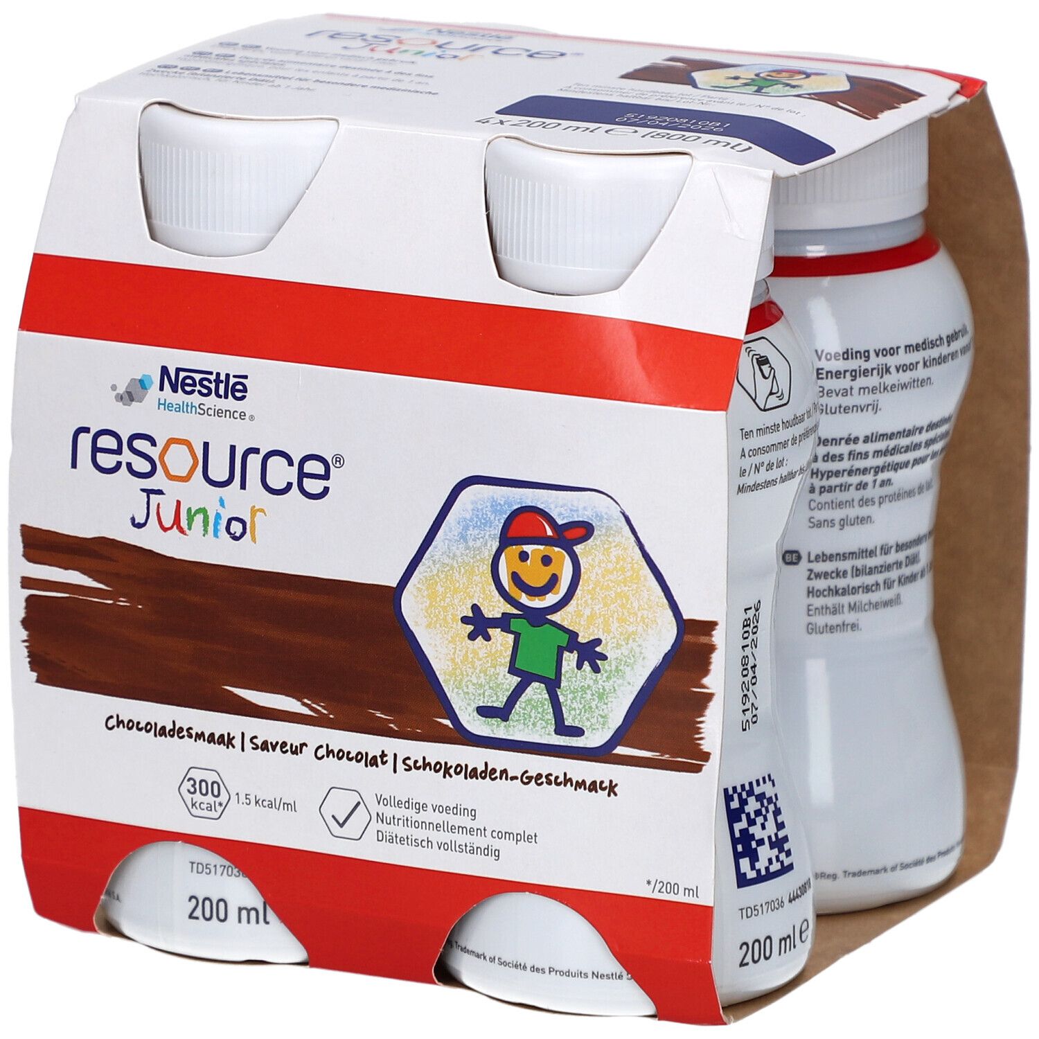 Verpakking van vier flessen. Opschrift: Resource Junior Chocoladesmaak. 200 ml per fles. Nestle Health Science.