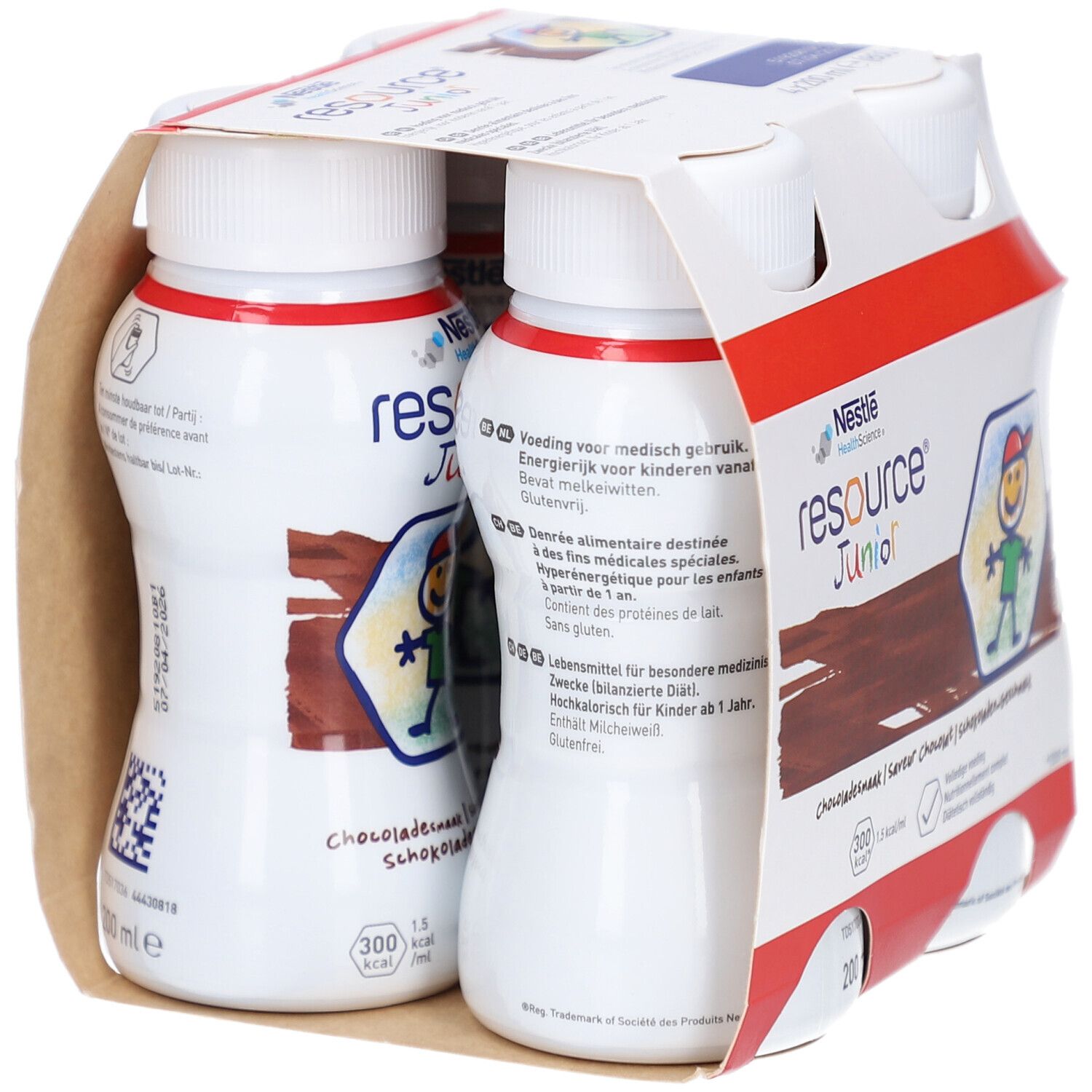Verpakking van vier flessen. Opschrift: Resource Junior Chocoladesmaak. 200 ml per fles. Nestle Health Science.