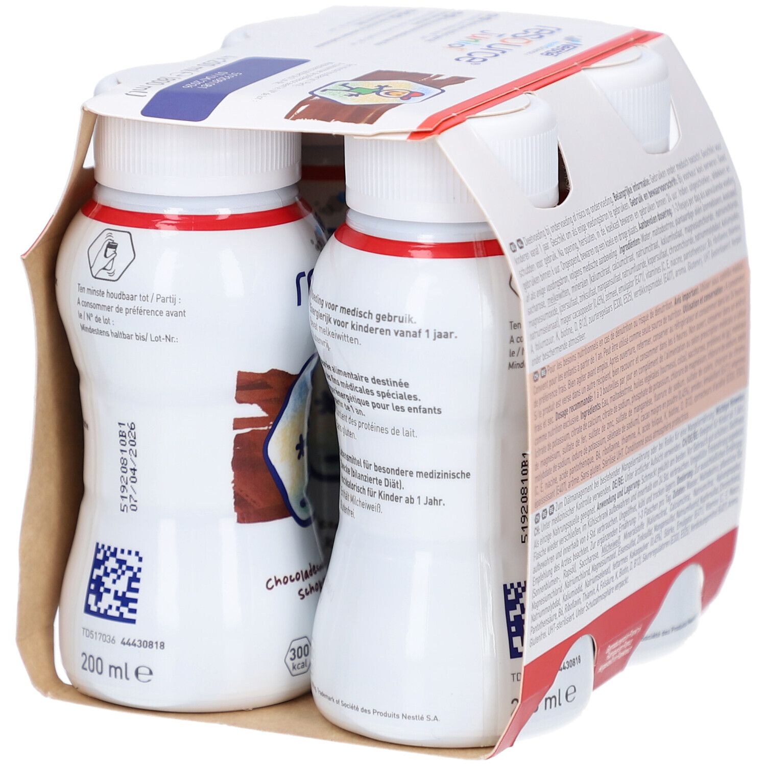 Verpakking van vier flessen. Opschrift: Resource Junior Chocoladesmaak. 200 ml per fles. Nestle Health Science.