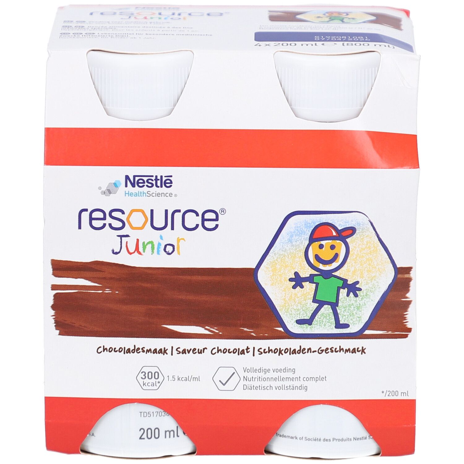 Verpakking van vier flessen. Opschrift: Resource Junior Chocoladesmaak. 200 ml per fles. Nestle Health Science.
