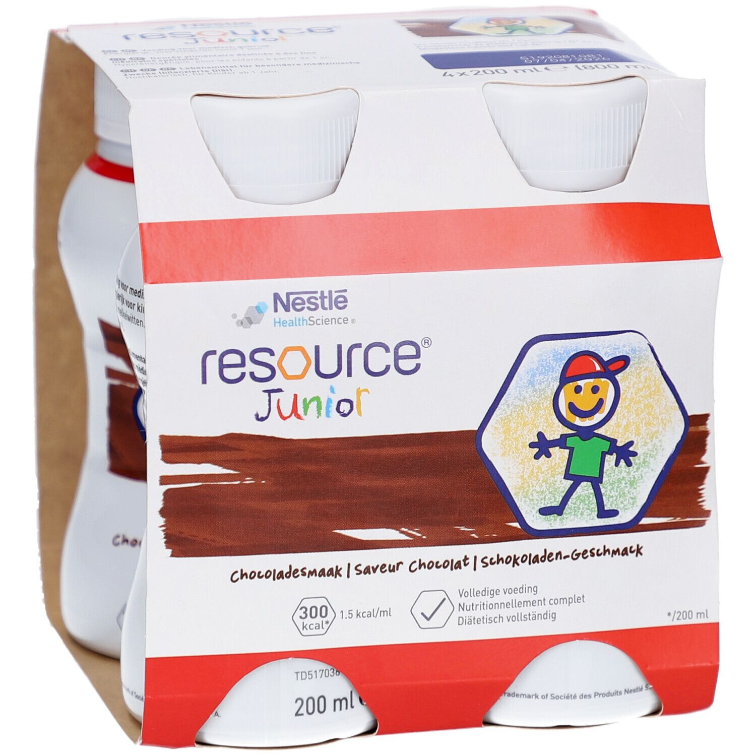 Verpakking van vier flessen. Opschrift: Resource Junior Chocoladesmaak. 200 ml per fles. Nestle Health Science.