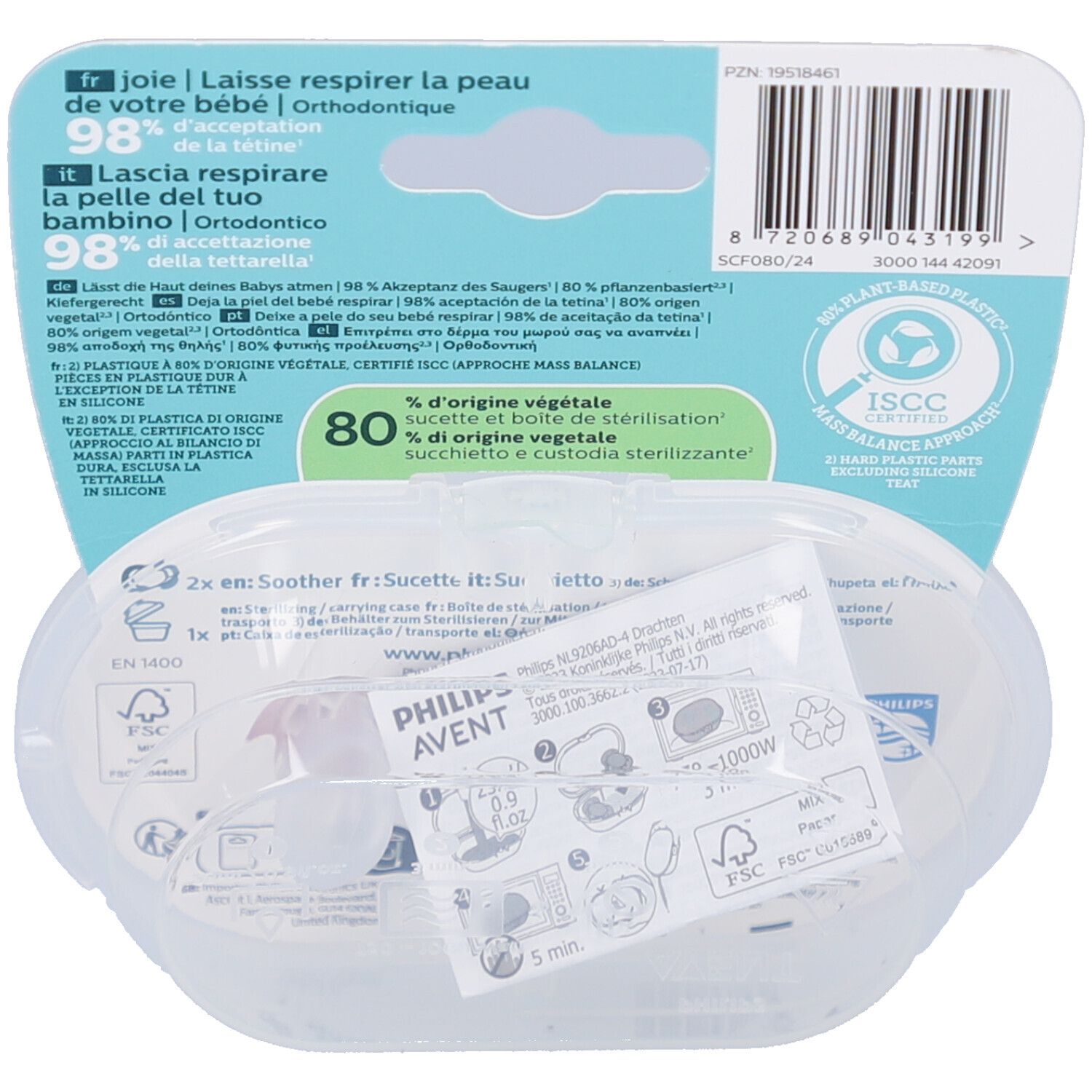 Achterkant van de verpakking met productinformatie. Transparante hoes met twee fopspenen en instructies.