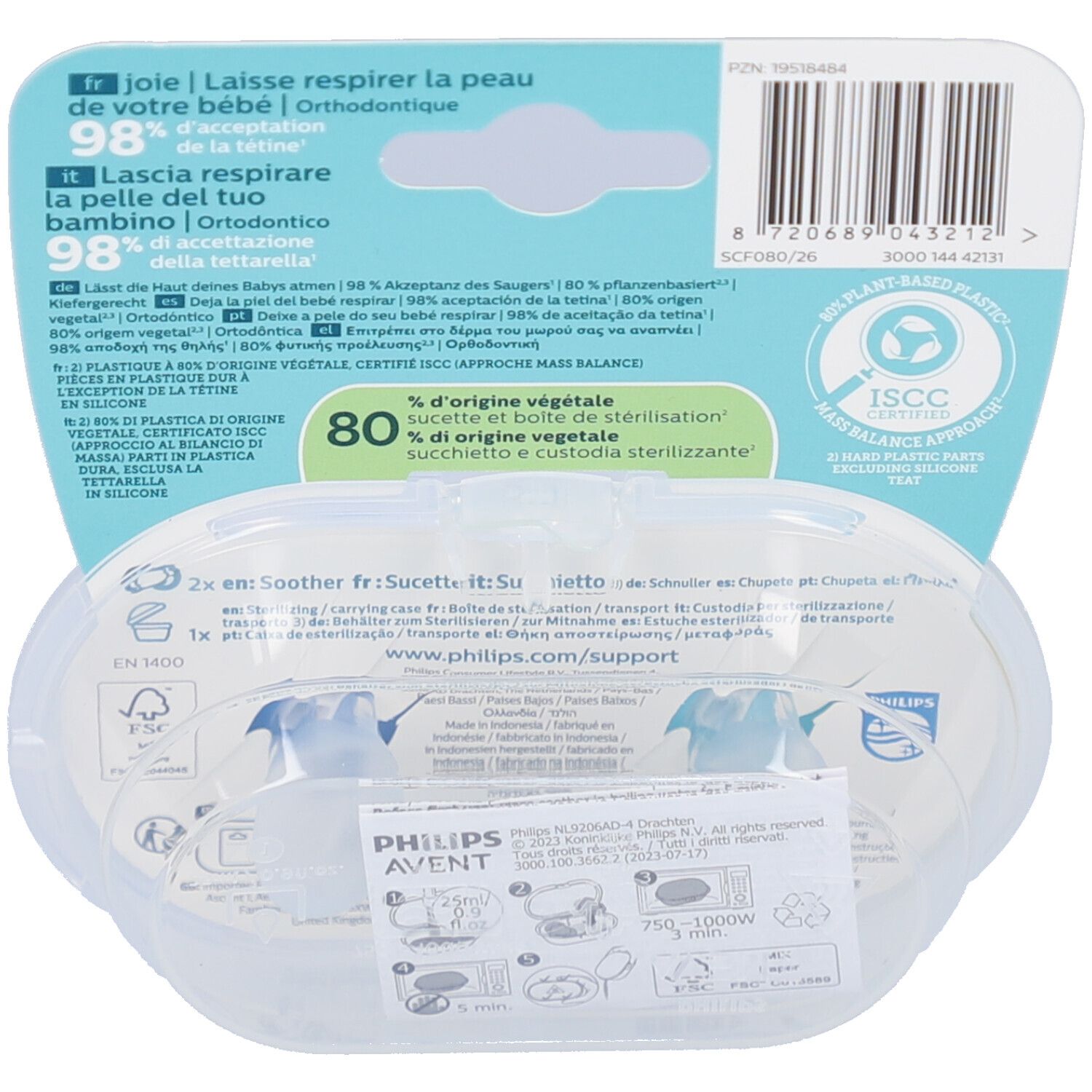 Achterkant van de verpakking met productinformatie. Tekst in meerdere talen. Certificeringen en logo's zichtbaar.