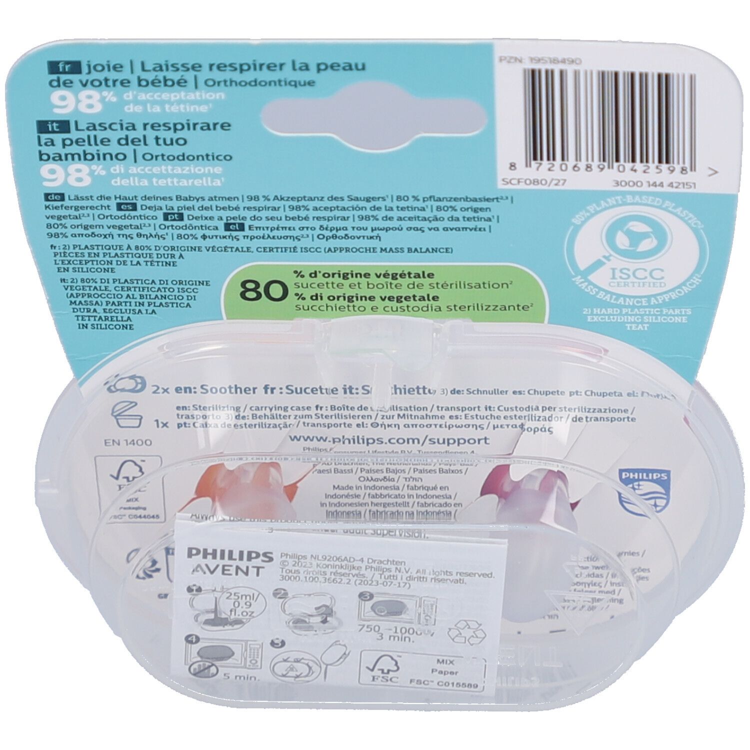 Dos de l'emballage avec informations produit. Deux sucettes dans un étui transparent. Texte multilingue.