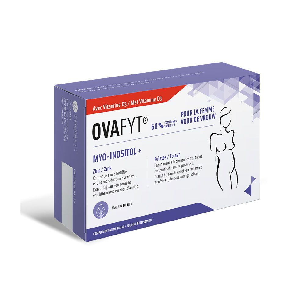 Doosje met productinformatie. Opschrift: Ovafyt®, Myo-inositol +, zink, vitamine D3. Illustratie van een vrouw.