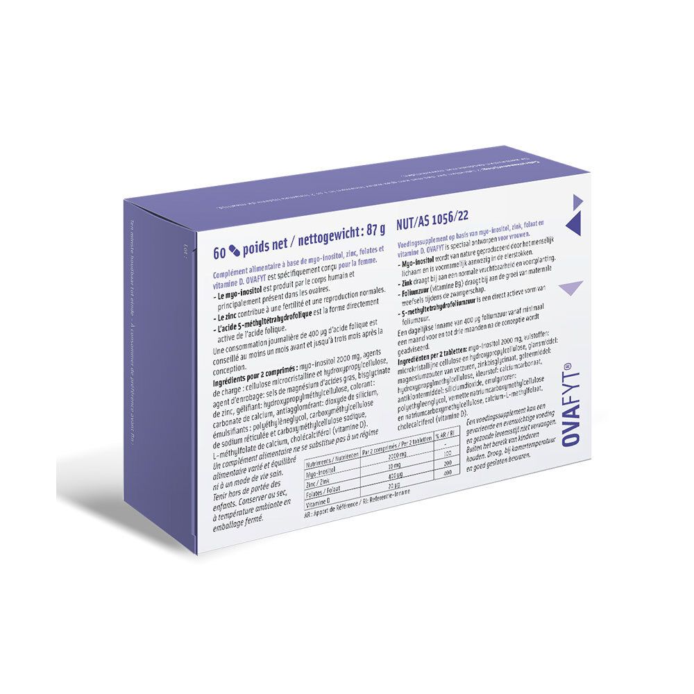 Achterkant van de productverpakking. Bevat informatie over ingrediënten en voedingswaarden. Opschrift: Ovafyt®.