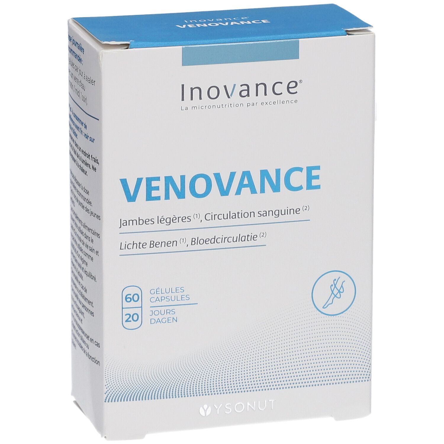 Boîte VENOVANCE, 60 gélules. Marque Inovance. Inscriptions en français et néerlandais. Logo d'une jambe avec des veines.