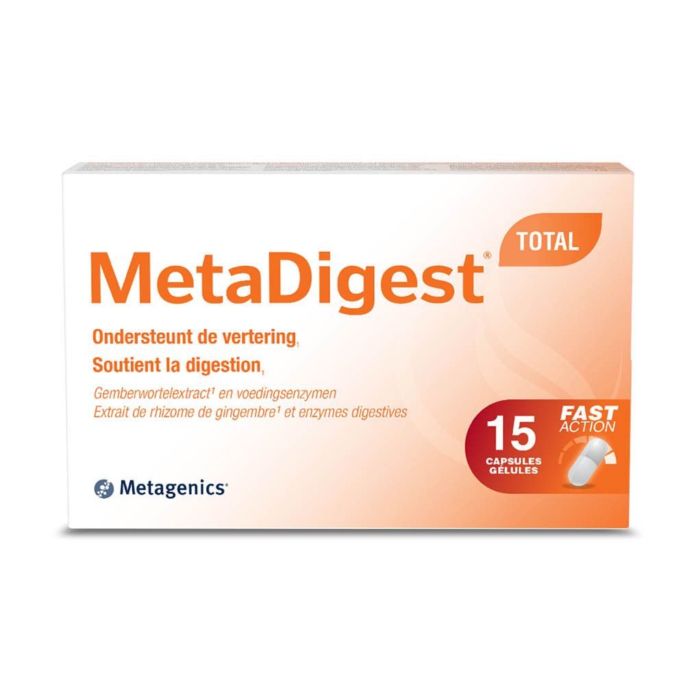 Emballage MetaDigest Total. 15 gélules. Accent orange. Logo Metagenics. Texte en français.