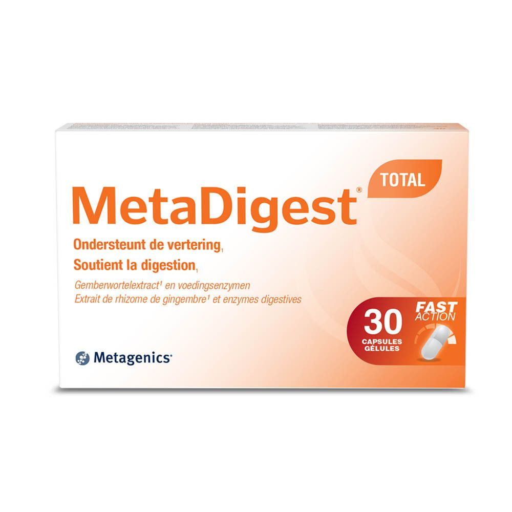 MetaDigest Total verpakking. Oranje tekst op witte achtergrond. 30 capsules. Metagenics logo.