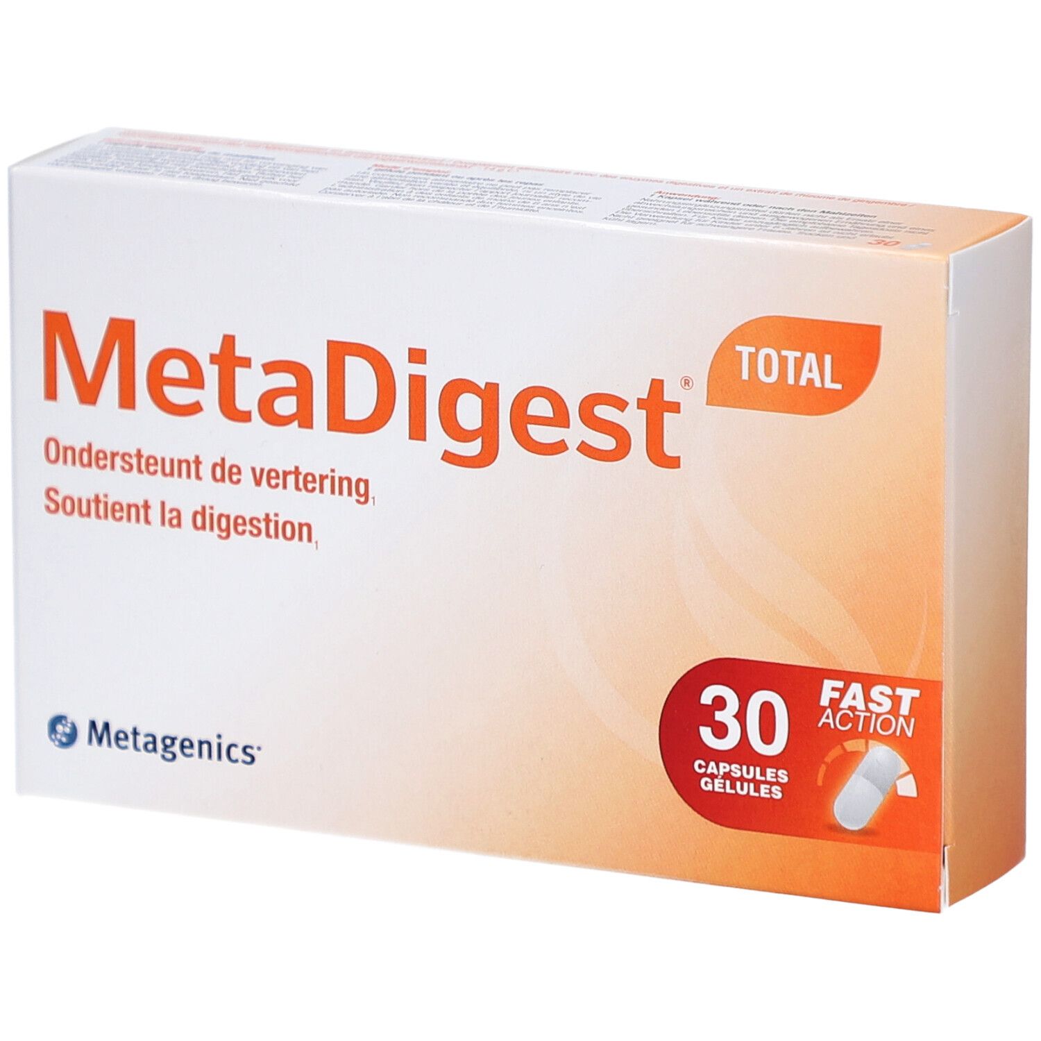 MetaDigest Total verpakking. Oranje tekst op witte achtergrond. 30 capsules. Metagenics logo.