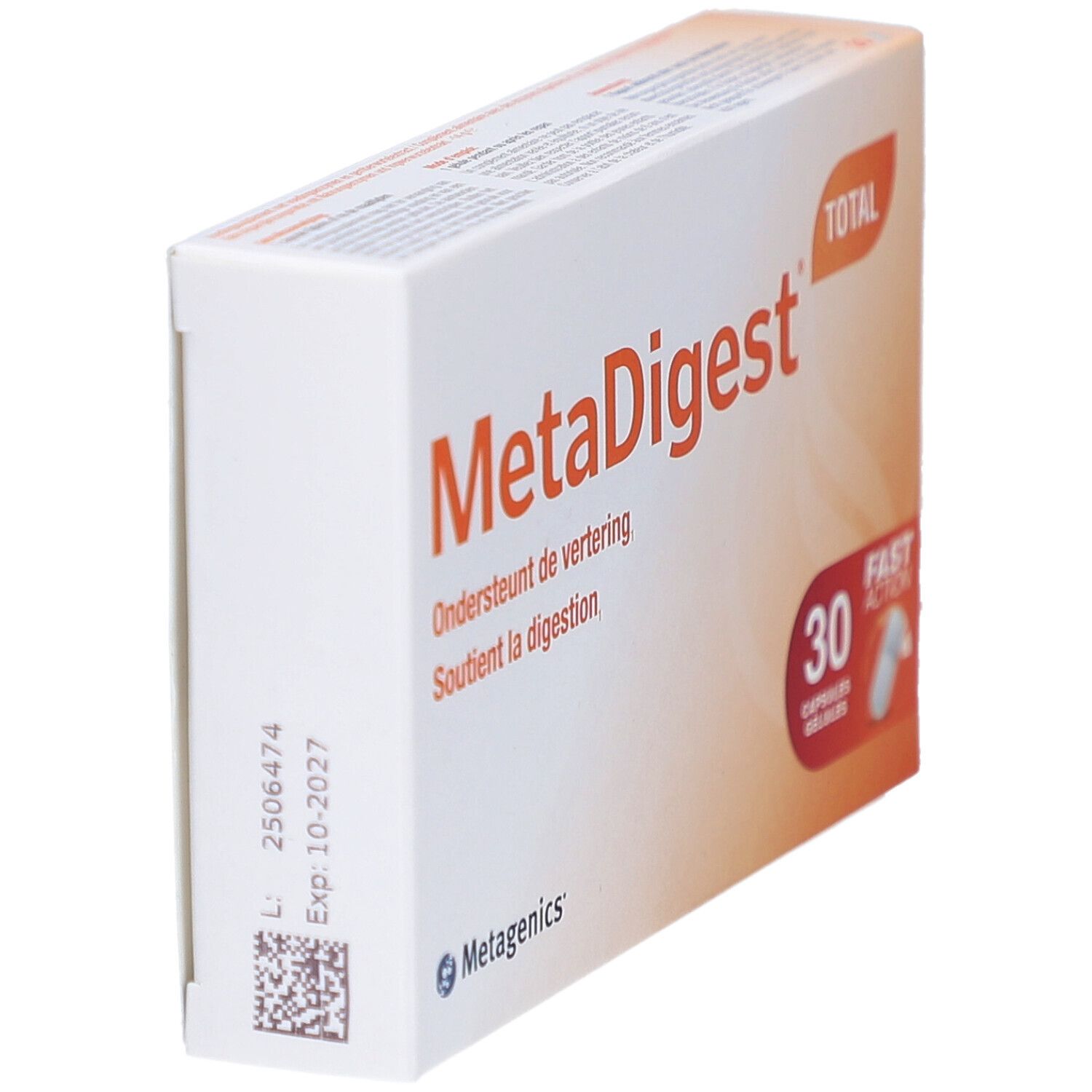 MetaDigest Total verpakking. Witte doos met oranje tekst. 30 capsules. Metagenics logo.