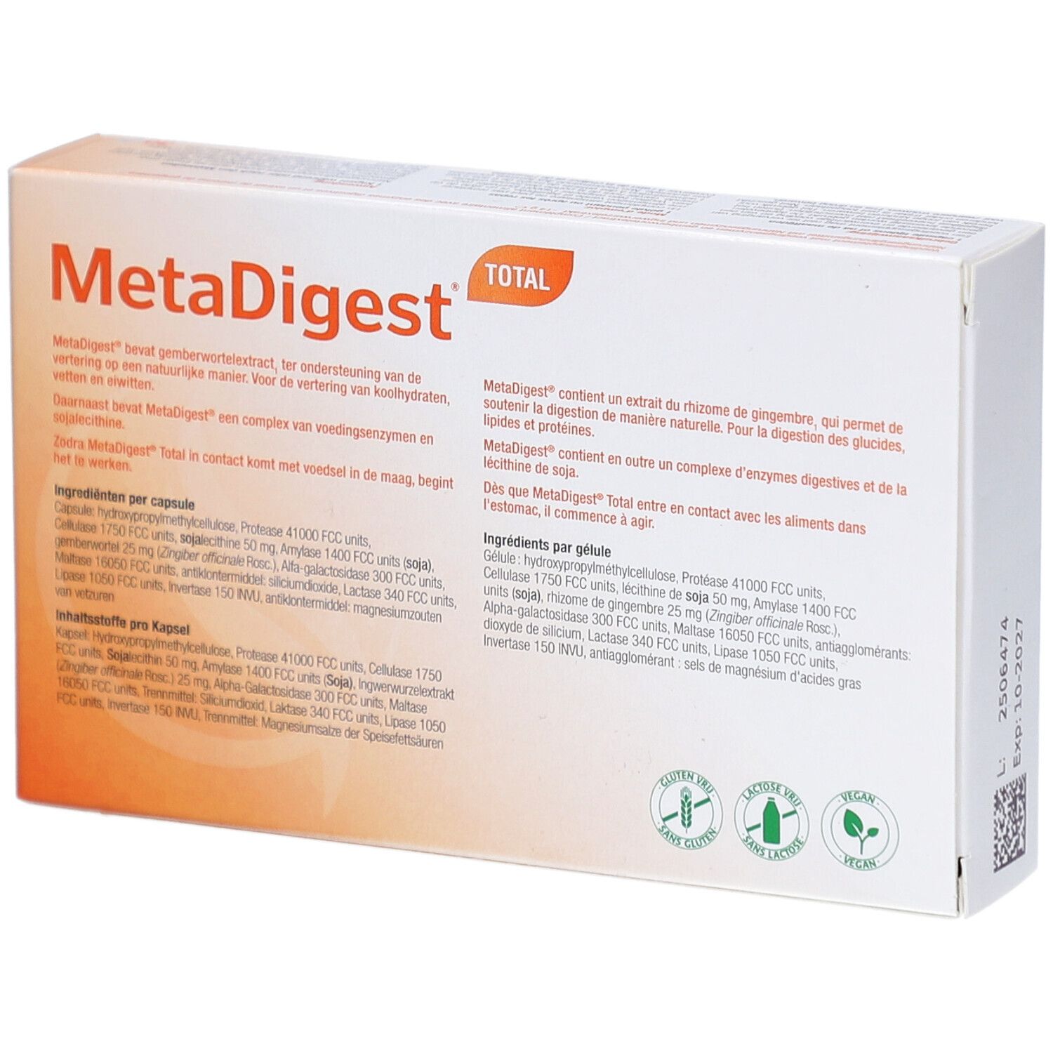 Achterkant MetaDigest Total verpakking. Meertalige tekst. Glutenvrij, lactosevrij, veganistisch.
