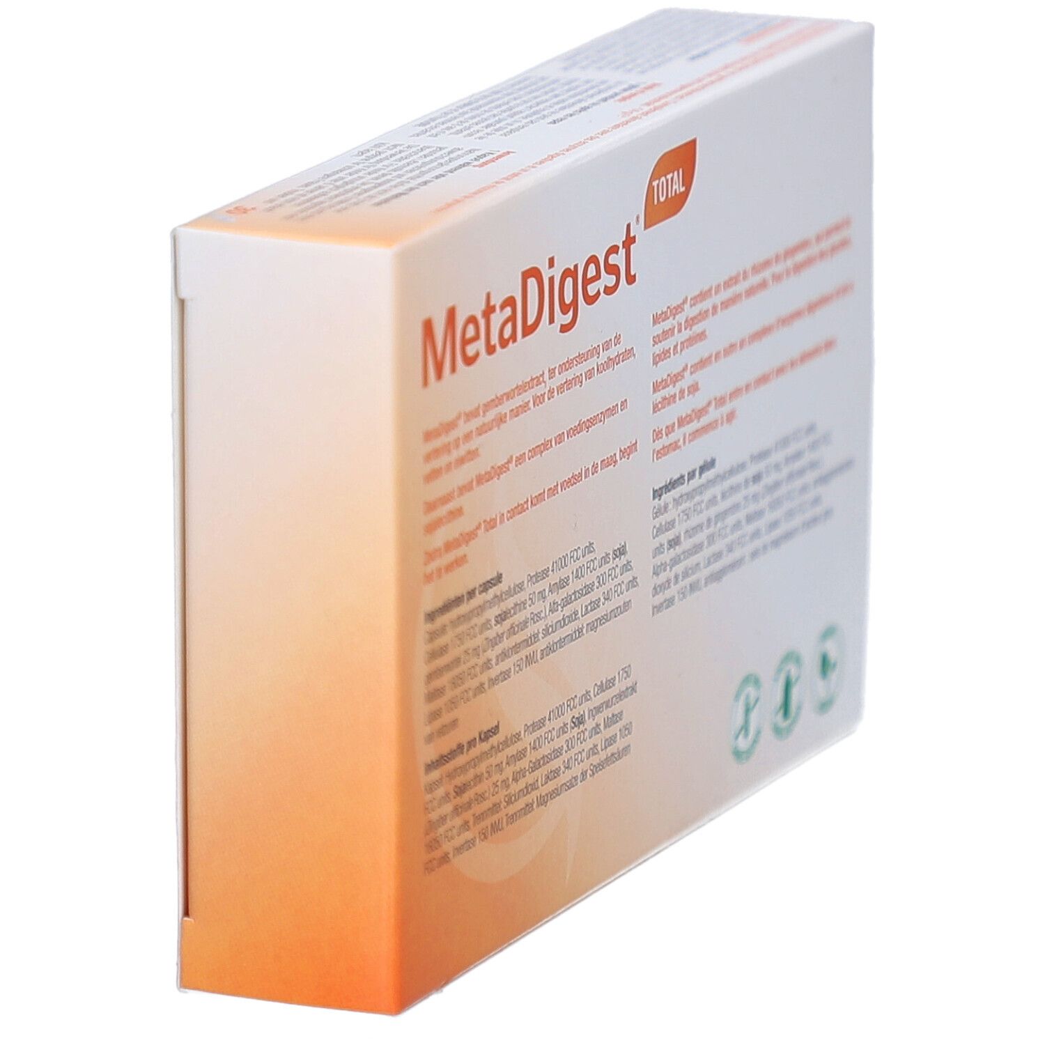 MetaDigest Total verpakking. Witte doos met oranje tekst. Meertalige tekst.