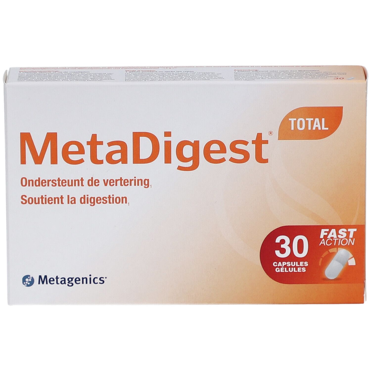 MetaDigest Total verpakking. Oranje tekst op witte achtergrond. 30 capsules. Metagenics logo.